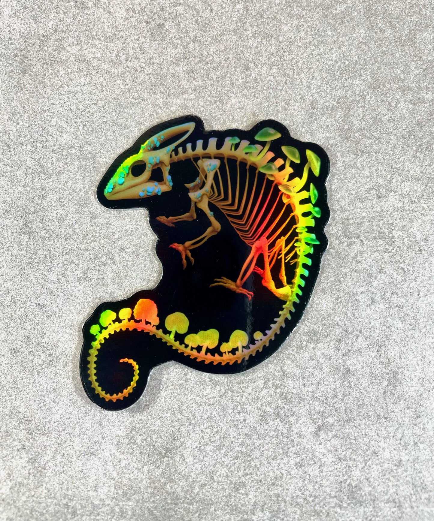 Fungal Chameleon Skeleton Holographic Vinyl Die Cut Sticker