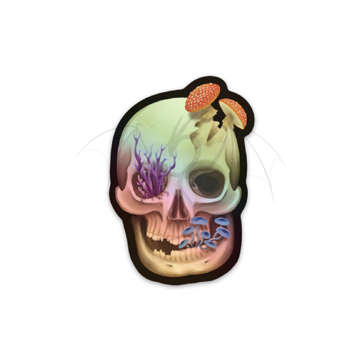 A 3 inch by 2.09 inch human skull holographic vinyl sticker that has various fungi growing out of it with watermark through it