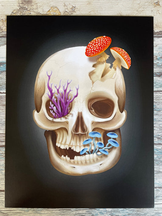 A art print featuring a human skull with various fungi growing out of it on a black background