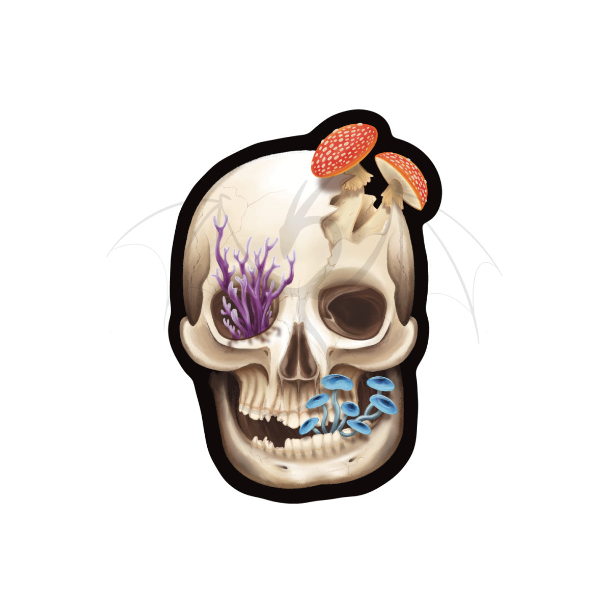 A 3 inch by 2.09 inch matte finish human skull vinyl sticker that has various fungi growing out of it that has a watermark through it