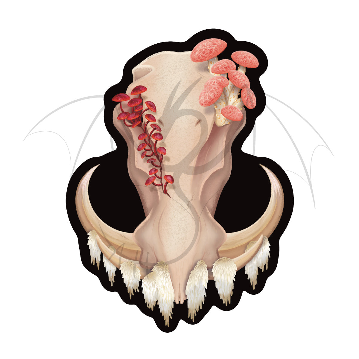 A die cut, 3 inch tall, vinyl sticker featuring a front facing warthog skull with 3 different kinds of fungi growing out of it