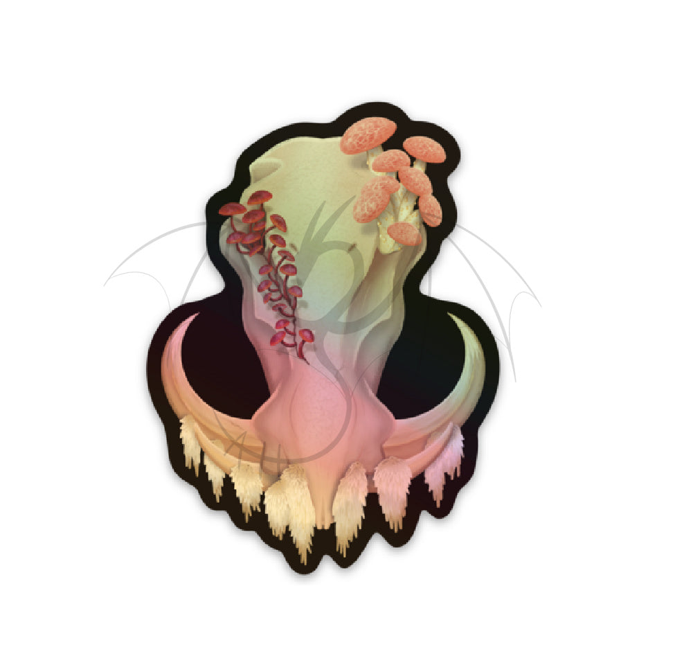 A holographic, die cut, 3 inch tall, vinyl sticker featuring a front facing warthog skull with 3 different kinds of fungi growing out of it