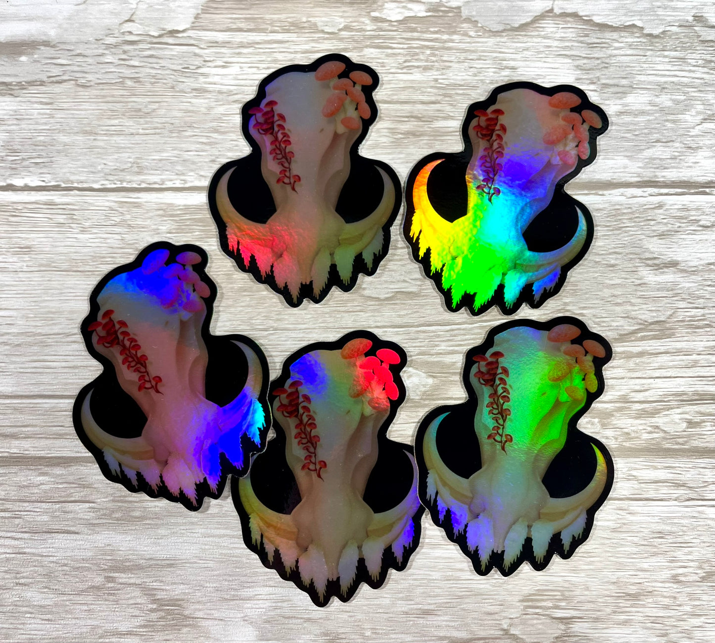 Mulitiple holographic, die cut, 3 inch tall, vinyl stickers featuring a front facing warthog skull with 3 different kinds of fungi growing out of it