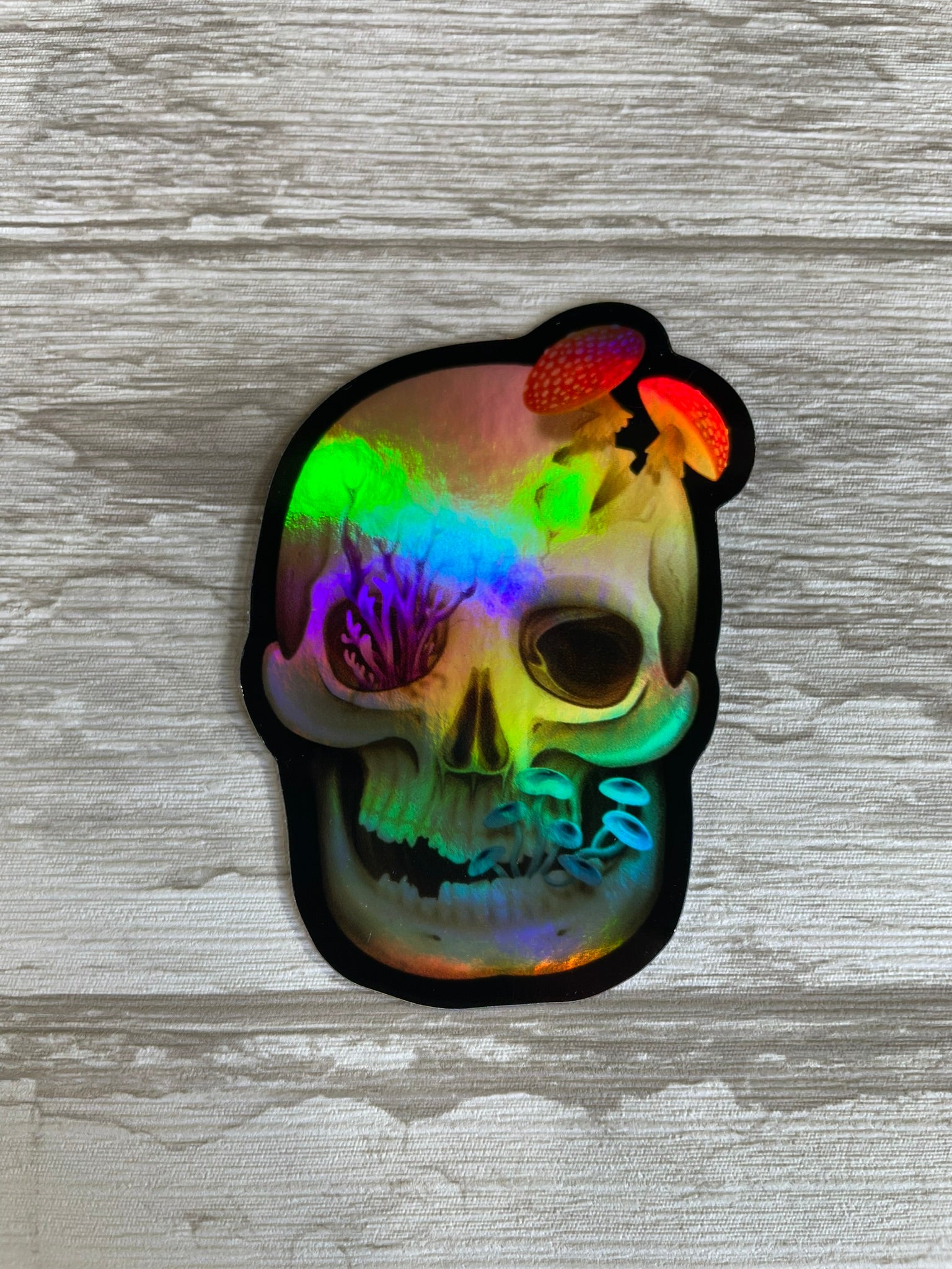 Flat laying 3 inch by 2.09 inch human skull holographic vinyl sticker that has various fungi growing out of it