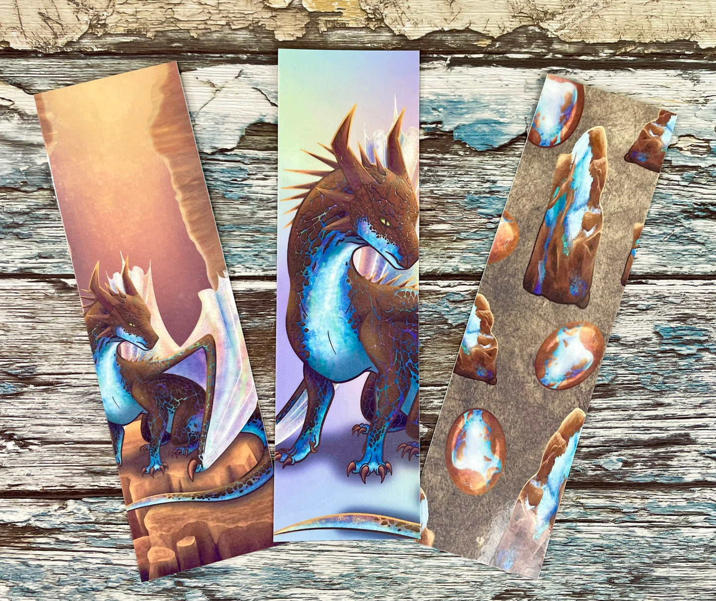 All 3 Opal Mineral Dragon bookmarks all measuring 2 by 7 inches. 