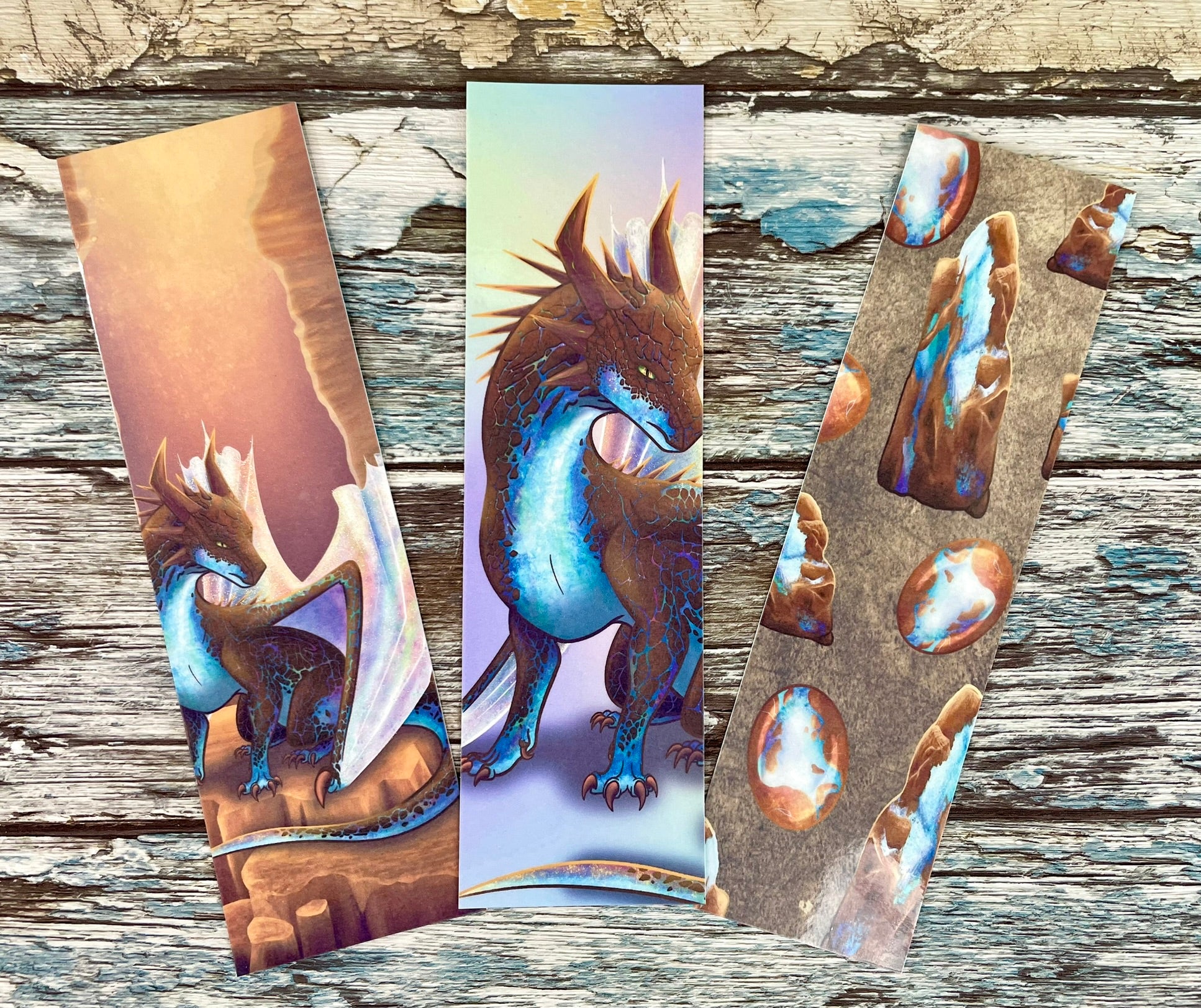 All 3 Opal Mineral Dragon bookmarks all measuring 2 by 7 inches. 