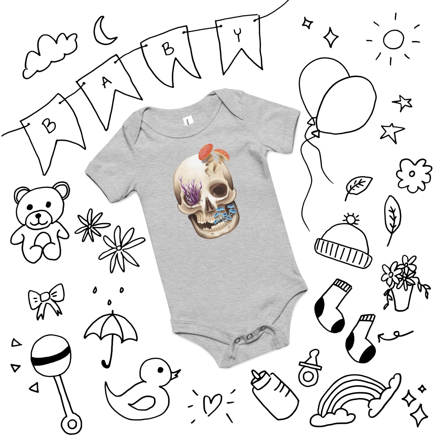 A light heather grey baby onesie featuring a front facing human skull with 3 different kinds of fungi growing out of it