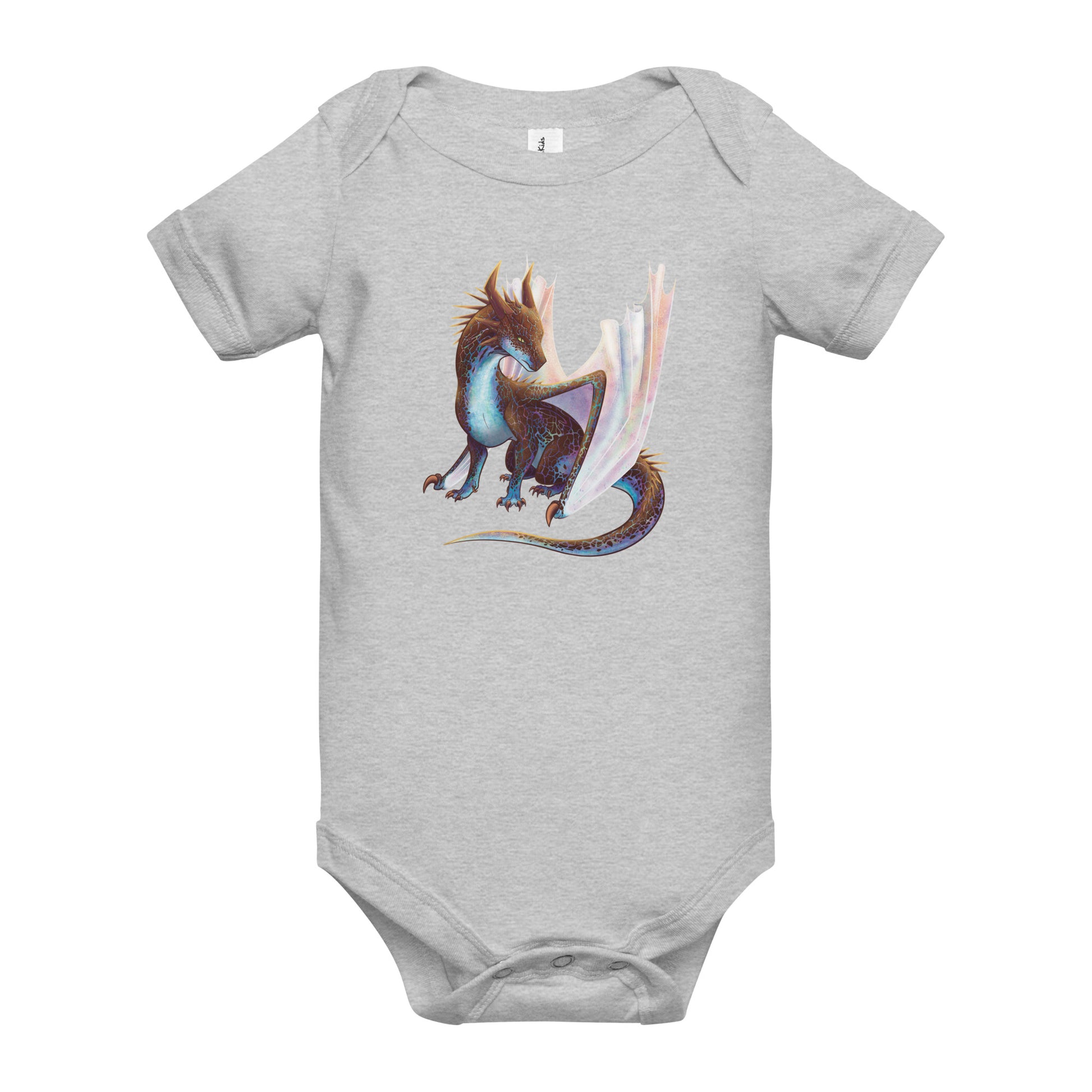 Unisex, light heather grey  in color baby onesie featuring a sitting, side profile of a dragon that has the features of a boulder opal with hues of blue, green, purple, and pink on the underbelly and cracks of the rough, brown hue, rock scales. The wings are tucked back and are of an iridescent shimmery hue