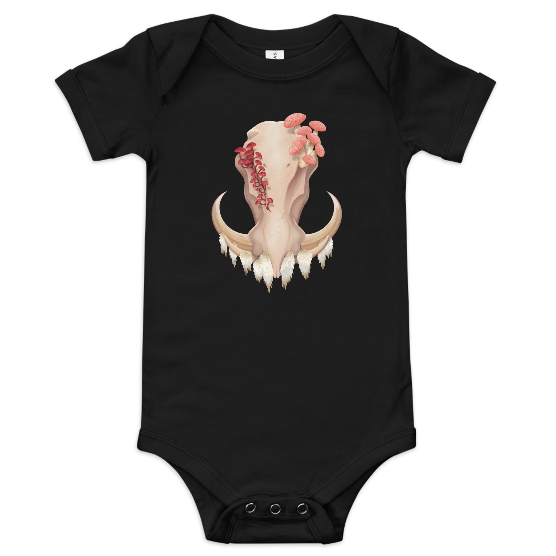 A black baby onesie/one piece featuring a front facing warthog skull with 3 different kinds of fungi growing out of it