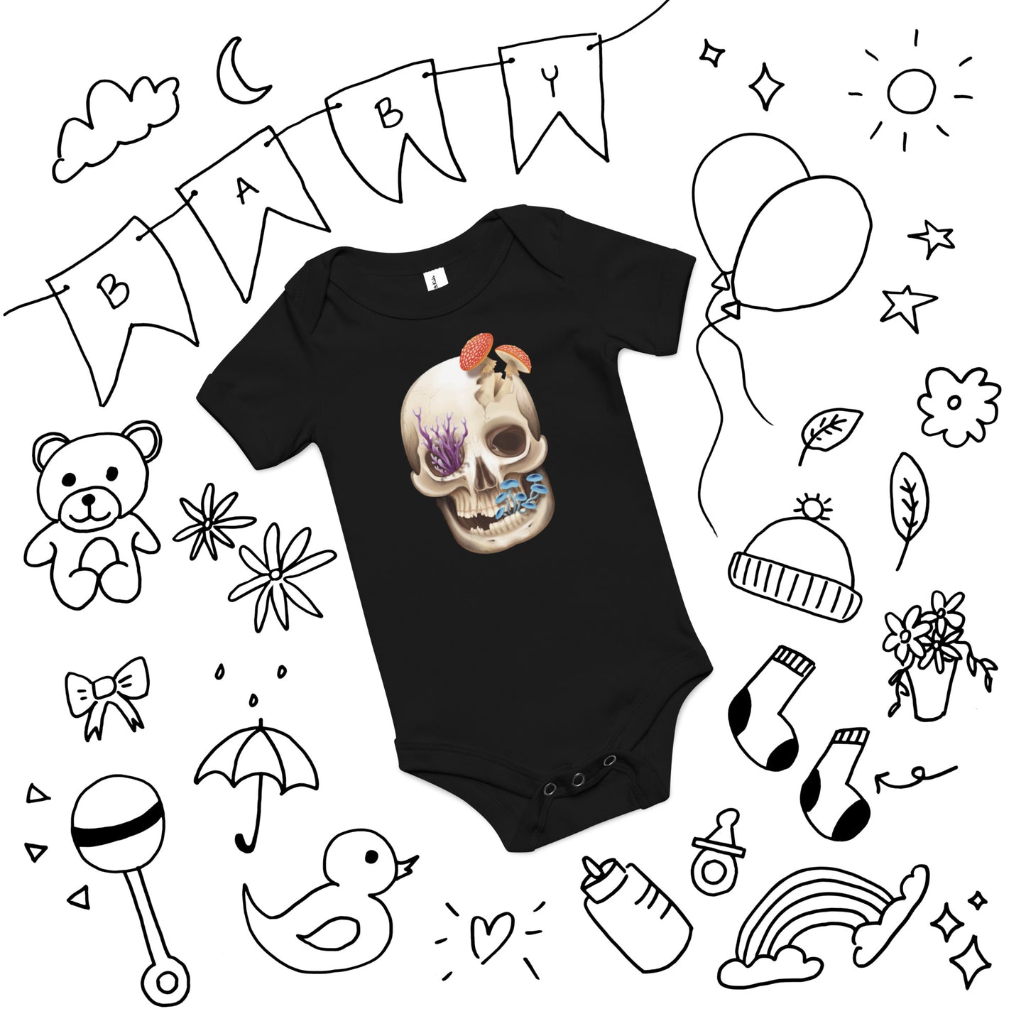 A black onesie for a baby featuring a front facing human skull with 3 different kinds of fungi growing out of it