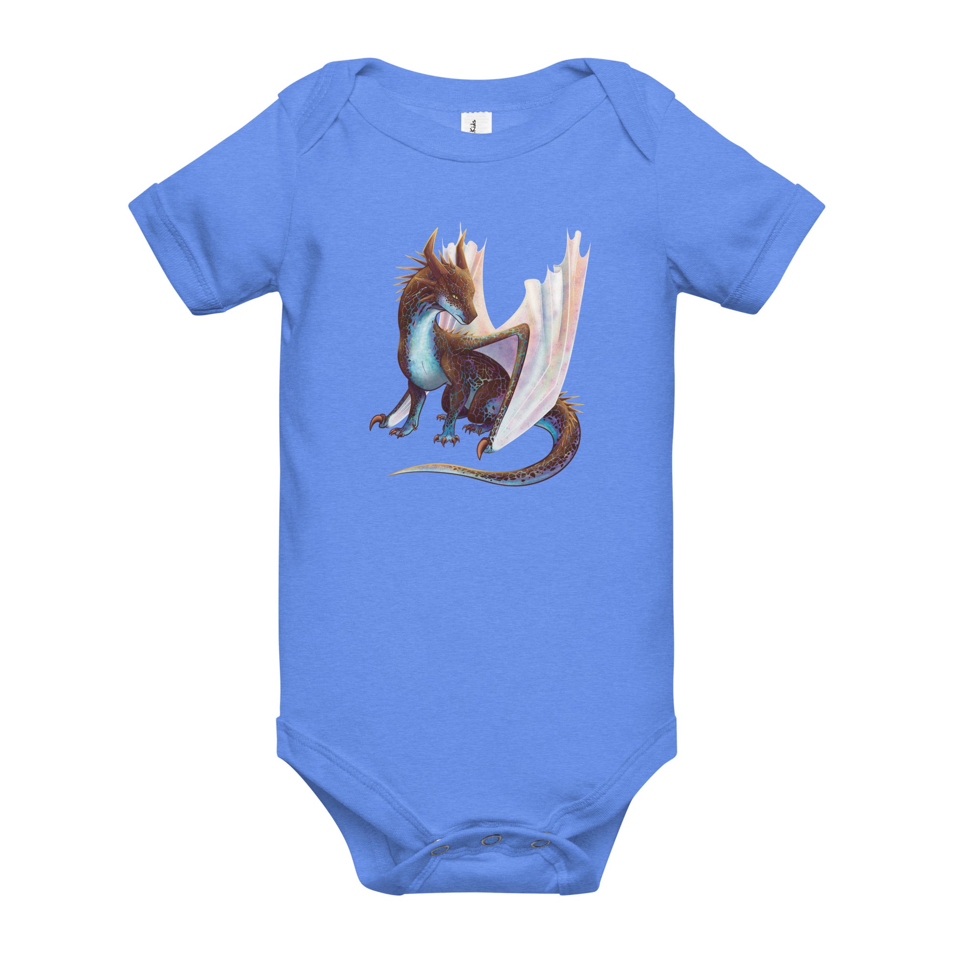 Unisex, light blue in color baby onesie featuring a sitting, side profile of a dragon that has the features of a boulder opal with hues of blue, green, purple, and pink on the underbelly and cracks of the rough, brown hue, rock scales. The wings are tucked back and are of an iridescent shimmery hue