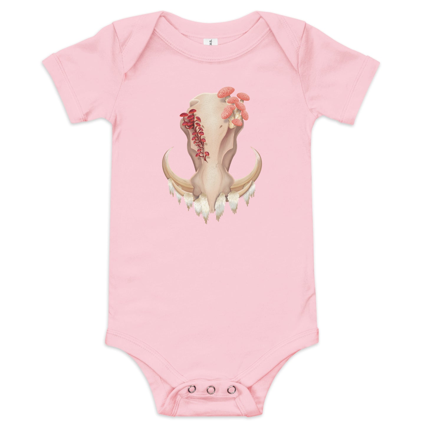 A light pink baby onesie/one piece featuring a front facing warthog skull with 3 different kinds of fungi growing out of it