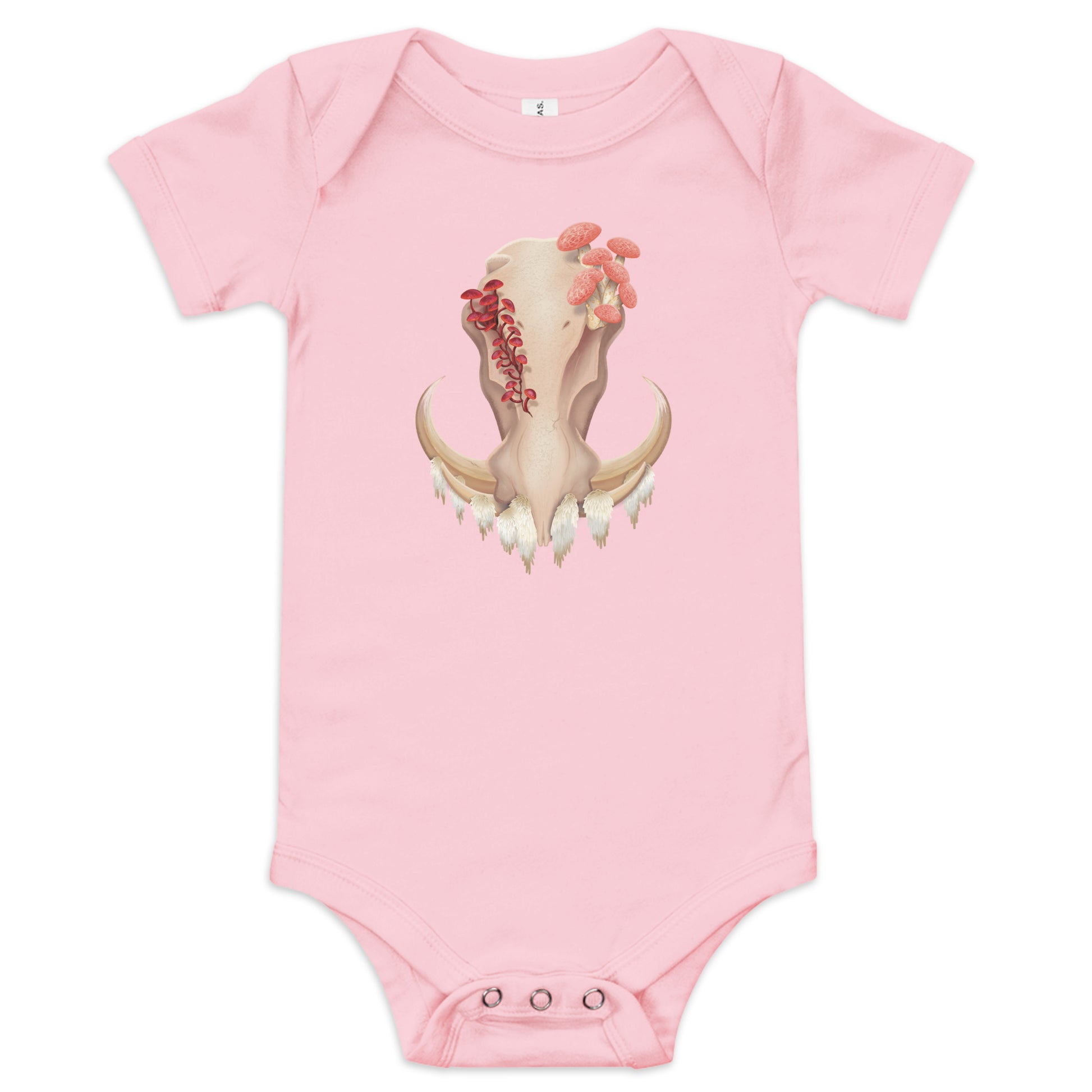 A light pink baby onesie/one piece featuring a front facing warthog skull with 3 different kinds of fungi growing out of it