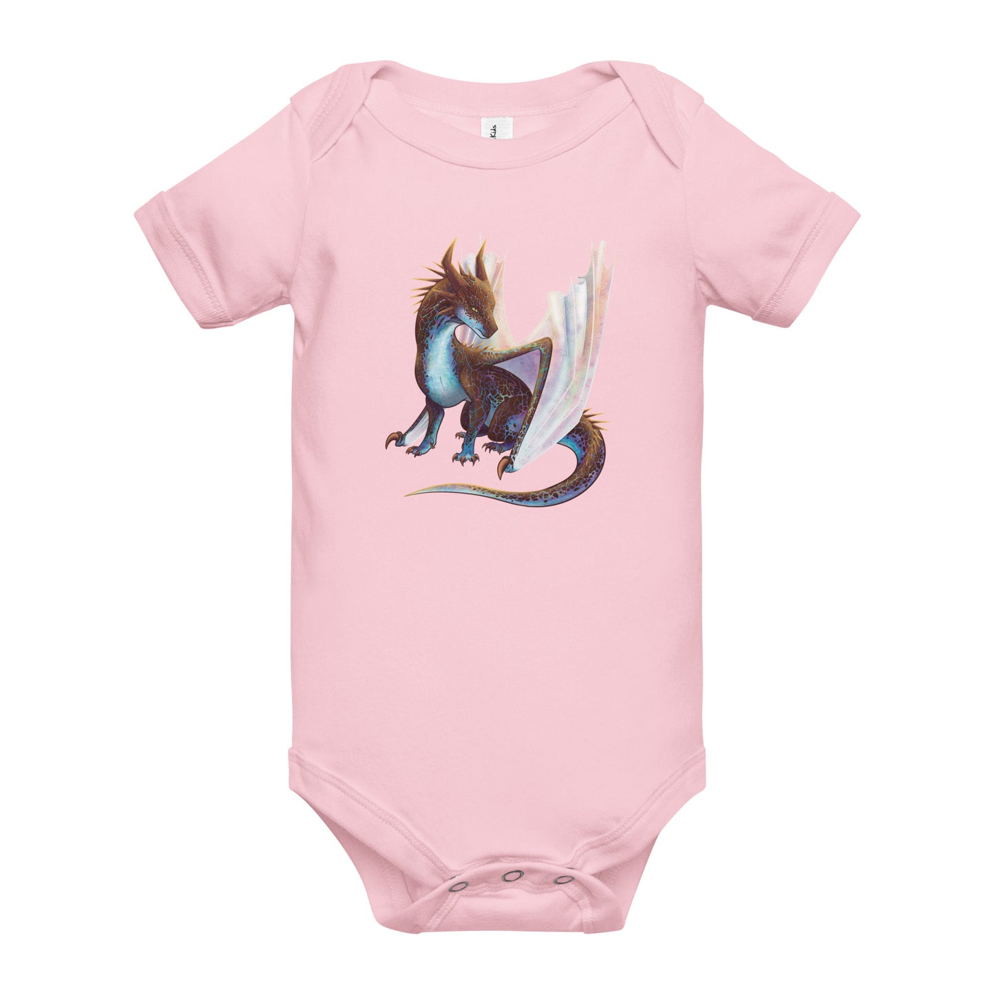 Unisex, pink in color baby onesie featuring a sitting, side profile of a dragon that has the features of a boulder opal with hues of blue, green, purple, and pink on the underbelly and cracks of the rough, brown hue, rock scales. The wings are tucked back and are of an iridescent shimmery hue