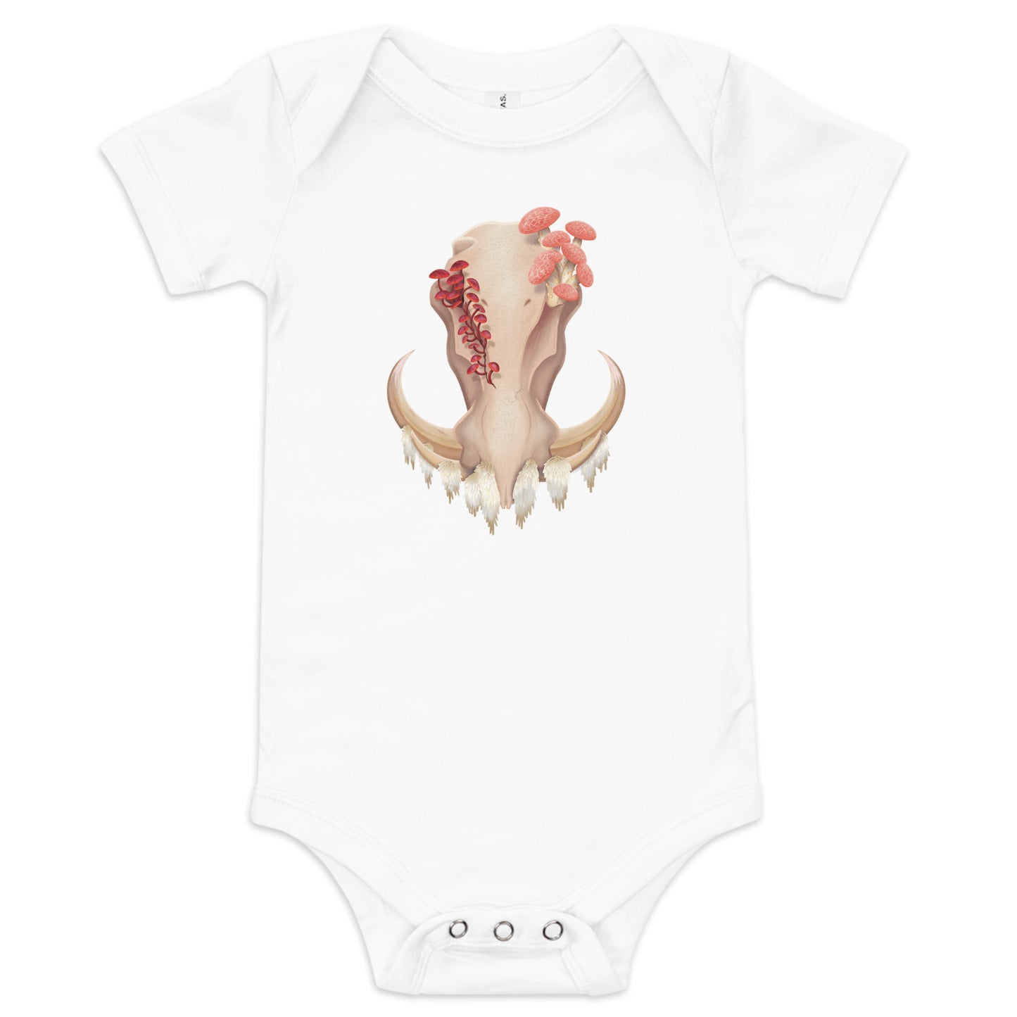 A white baby onesie/one piece featuring a front facing warthog skull with 3 different kinds of fungi growing out of it