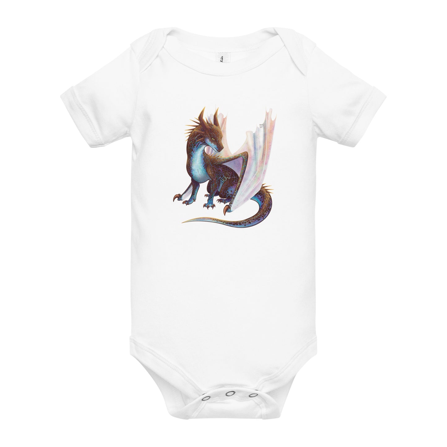 Unisex, white in color baby onesie featuring a sitting, side profile of a dragon that has the features of a boulder opal with hues of blue, green, purple, and pink on the underbelly and cracks of the rough, brown hue, rock scales. The wings are tucked back and are of an iridescent shimmery hue