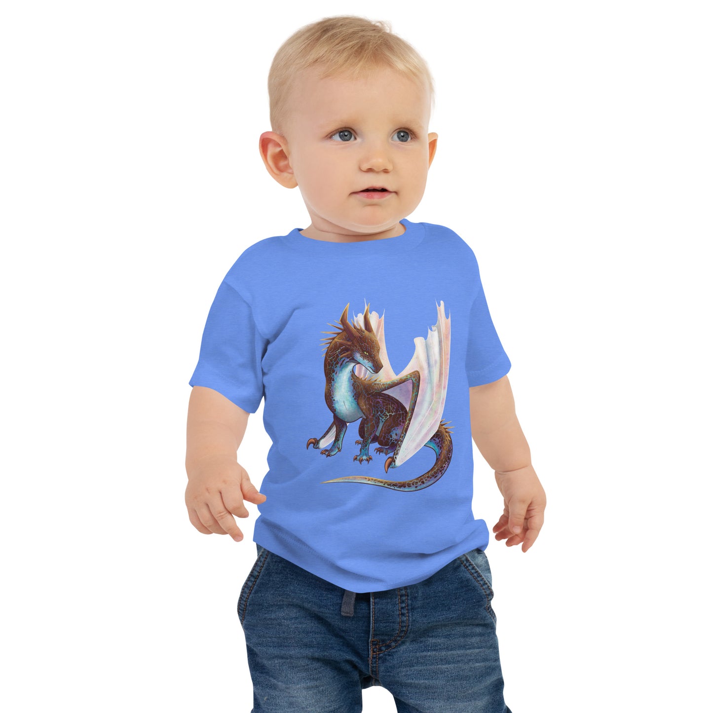 Unisex, light blue in color baby tee shirt featuring a sitting, side profile of a dragon that has the features of a boulder opal with hues of blue, green, purple, and pink on the underbelly and cracks of the rough, brown hue, rock scales. The wings are tucked back and are of an iridescent shimmery hue