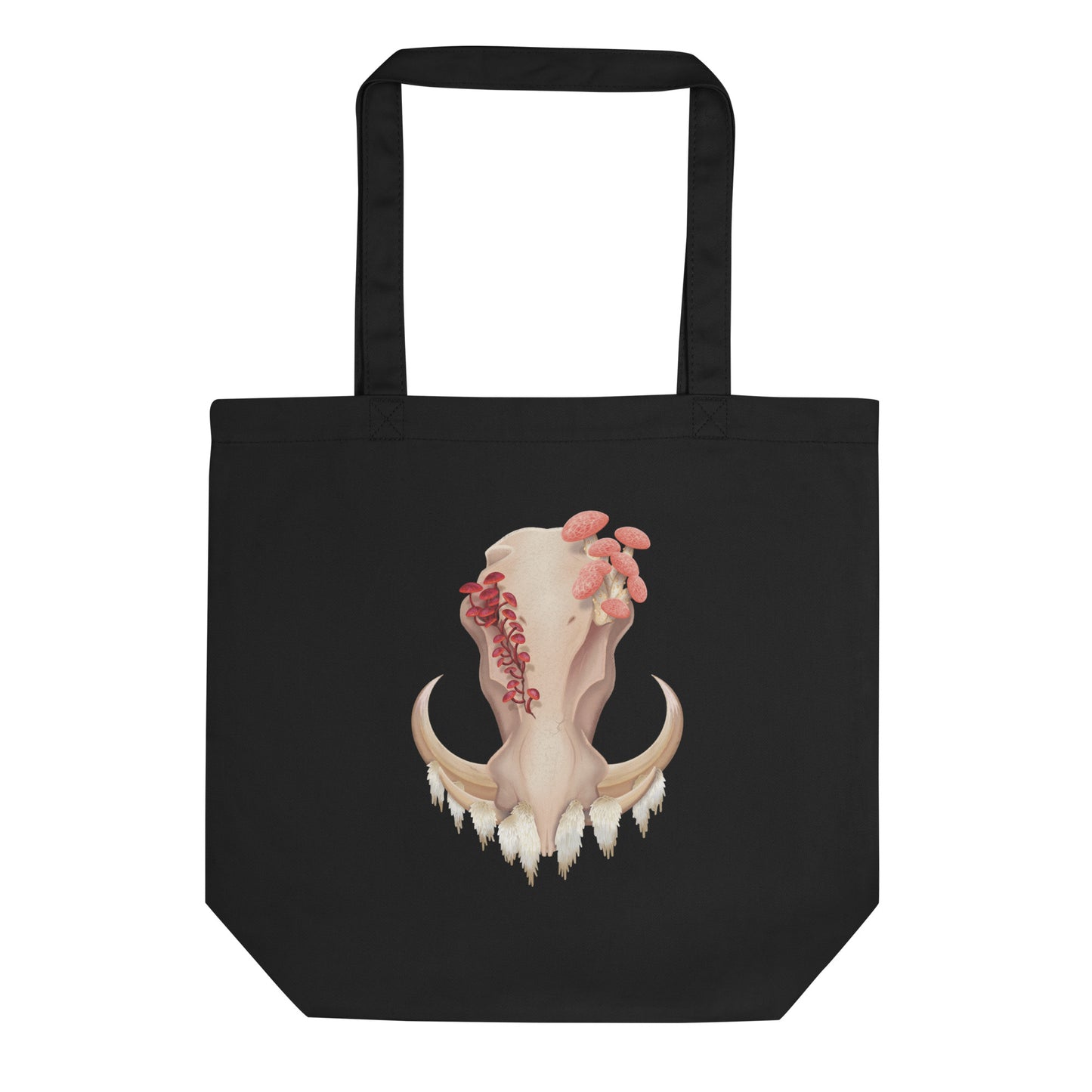 A black in color 14 1/2 by 16 inch tote bag featuring a front facing warthog skull with 3 different kinds of fungi growing out of it