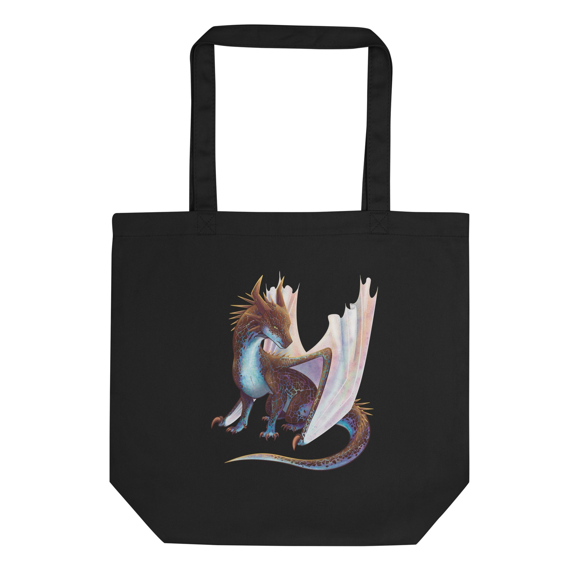 Black in color tote bag featuring a sitting, side profile of a dragon that has the features of a boulder opal with hues of blue, green, purple, and pink on the underbelly and cracks of the rough, brown hue, rock scales. The wings are tucked back and are of an iridescent shimmery hue