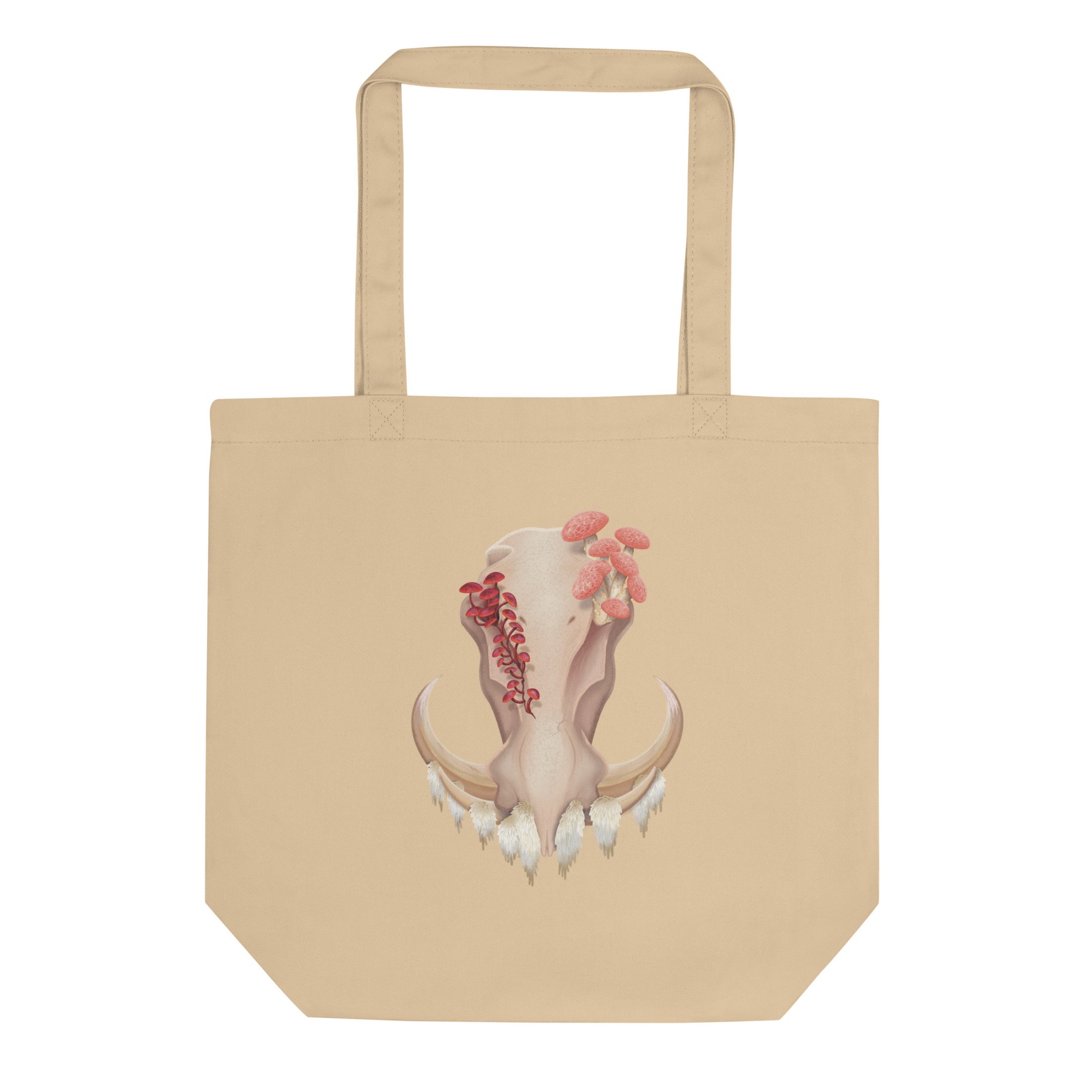 A tan in color 14 1/2 by 16 inch tote bag featuring a front facing warthog skull with 3 different kinds of fungi growing out of it