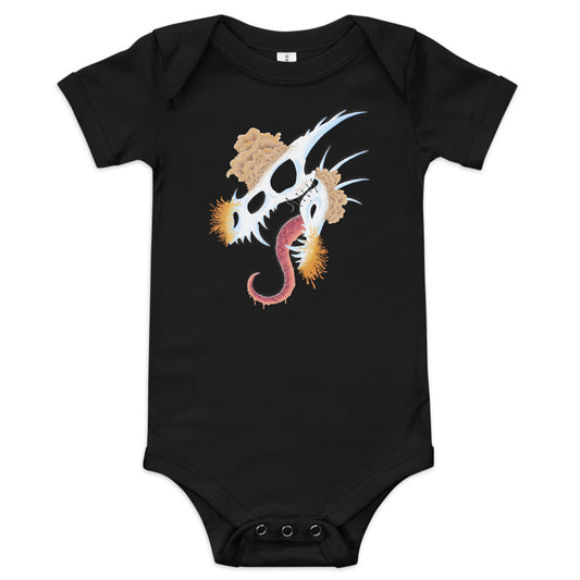 dragon skull with three different types of mushrooms growing from it on a baby short sleeve one-piece black color