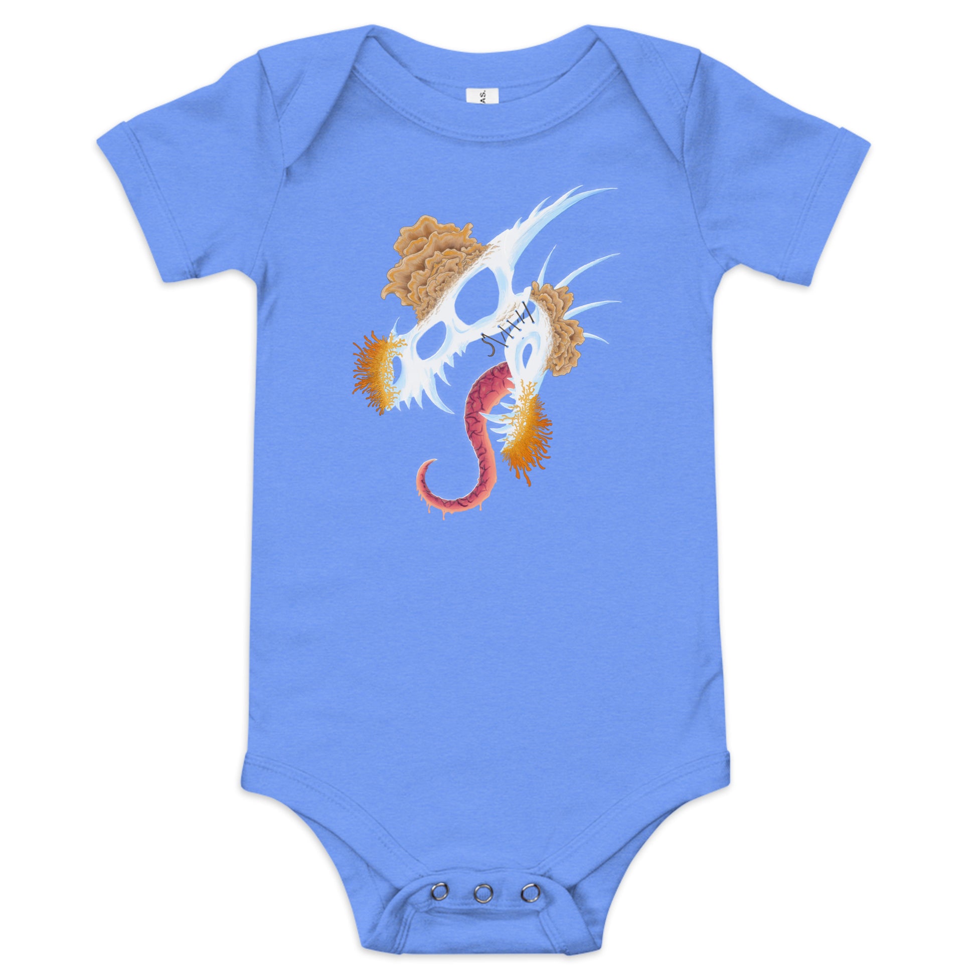 dragon skull with three different types of mushrooms growing from it on a baby short sleeve one-piece heather Columbia blue color