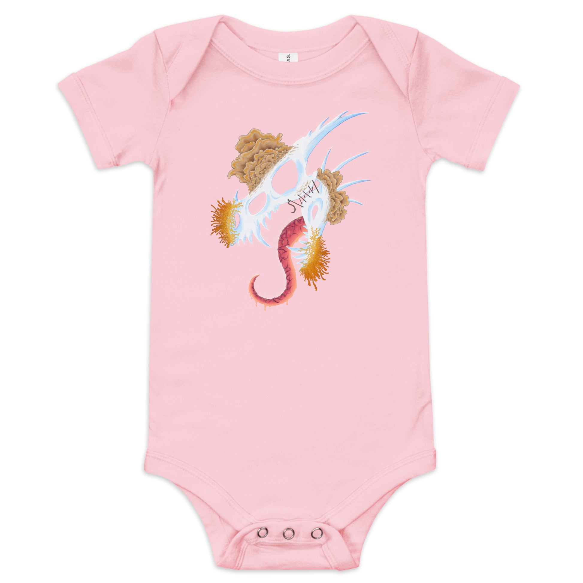 dragon skull with three different types of mushrooms growing from it on a baby short sleeve one-piece pink color