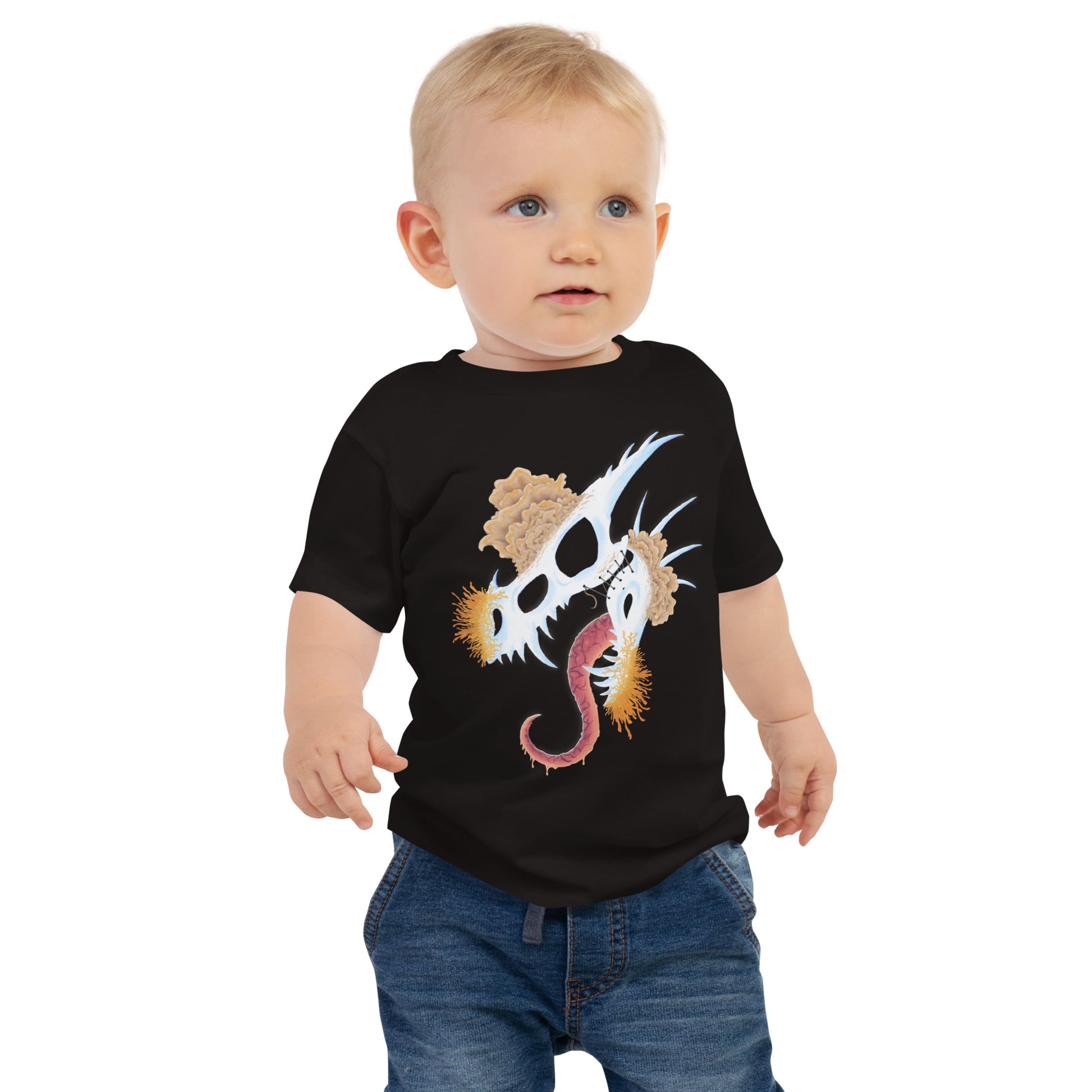 dragon skull with three different types of mushrooms growing from it on a baby staple tee black color