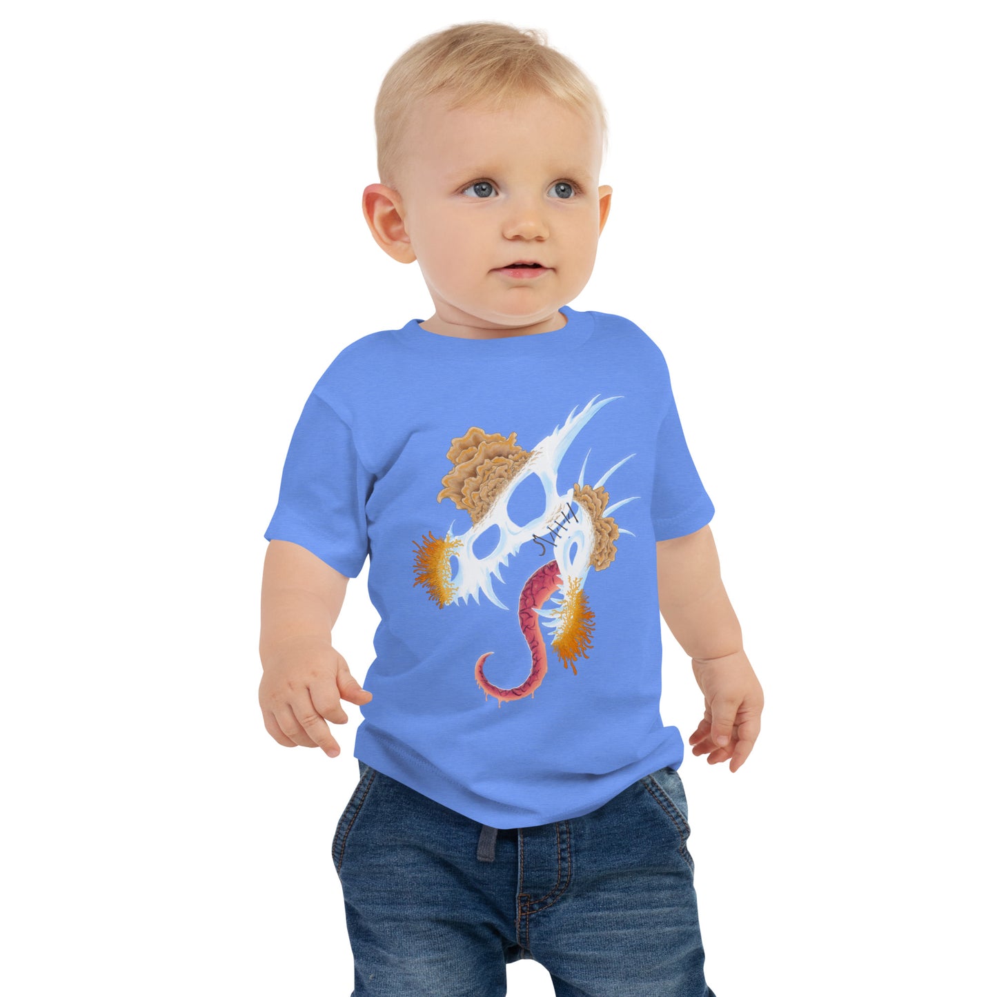 dragon skull with three different types of mushrooms growing from it on a baby staple tee heather Columbia blue color