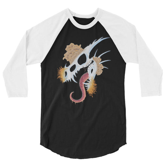 dragon skull with three different types of mushrooms growing from it on a black raglan shirt with white sleeves