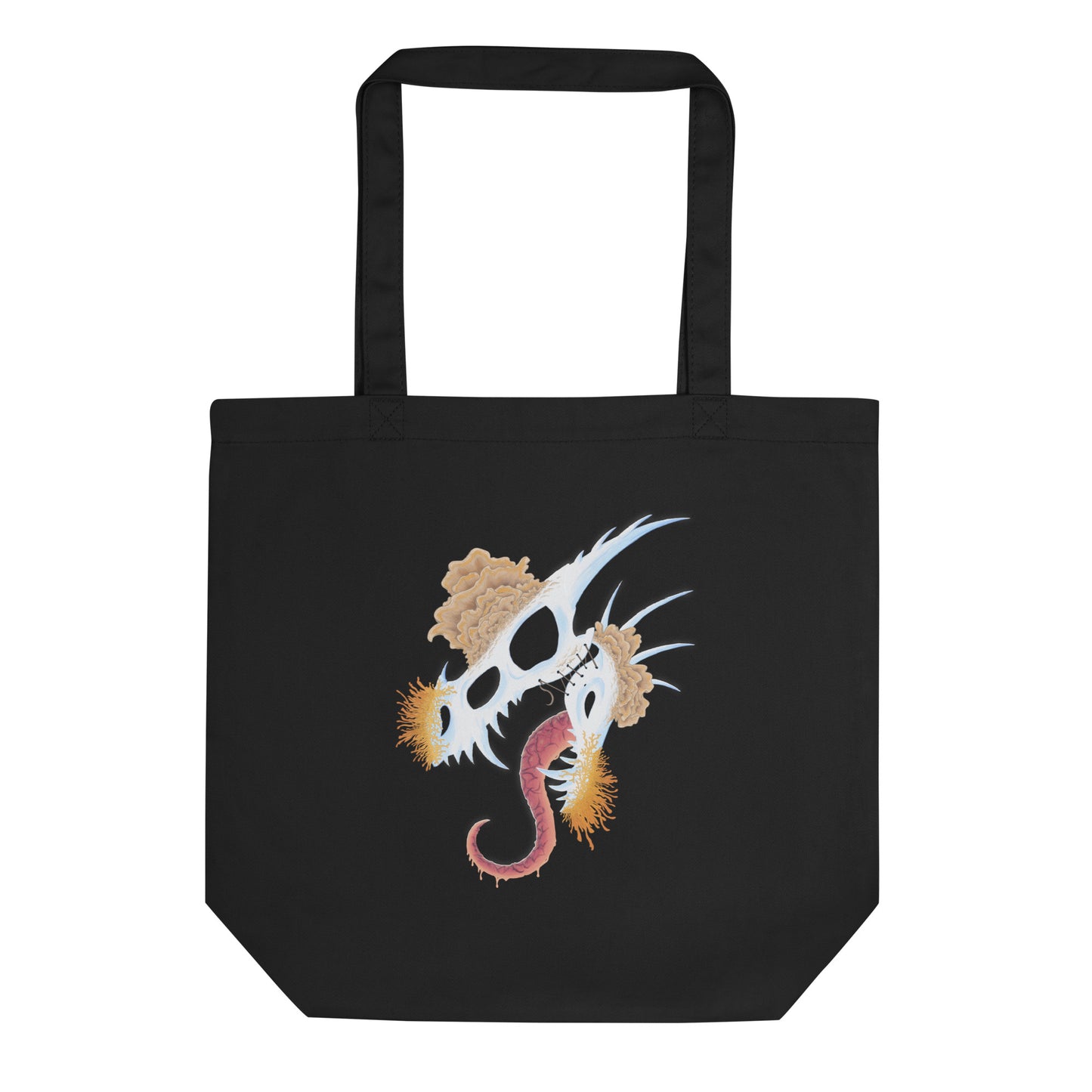 dragon skull with three different types of mushrooms growing from it on an echo tote bag black color one side