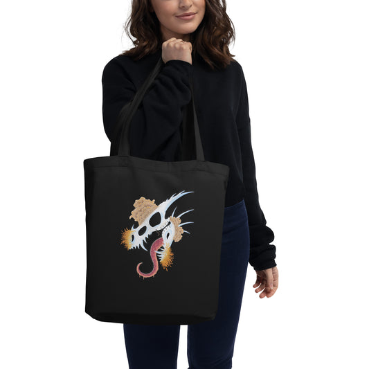 dragon skull with three different types of mushrooms growing from it on an echo tote bag black color