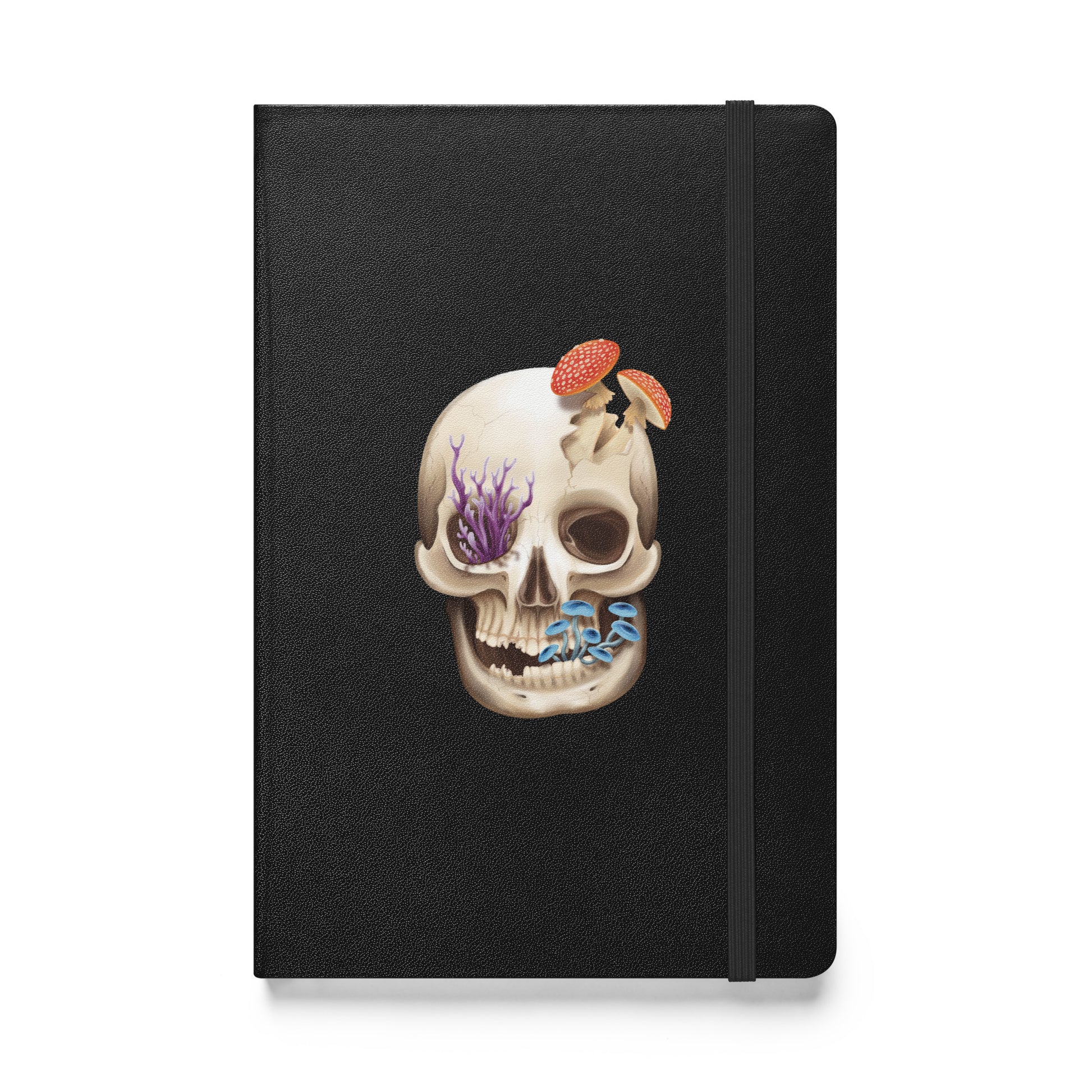 A black notebook with an elastic closure, 80 lined pages, a ribbon bookmark, and pocket in the back that features a human skull with various fungi growing out of it on the front cover