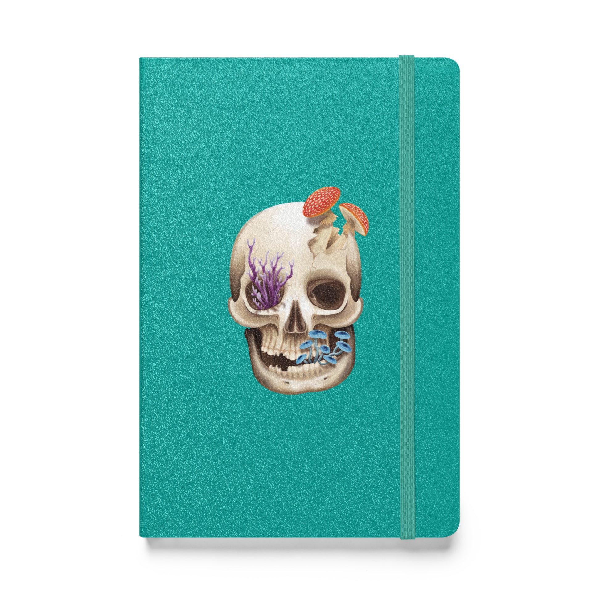 A turquoise notebook with an elastic closure, 80 lined pages, a ribbon bookmark, and pocket in the back that features a human skull with various fungi growing out of it on the front cover