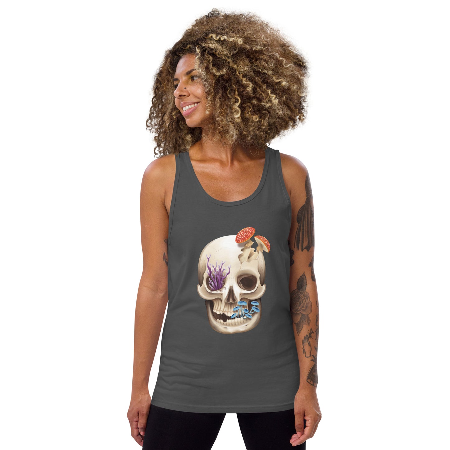 A dark grey unisex tank top featuring a human skull with various kinds of fungi growing out of it