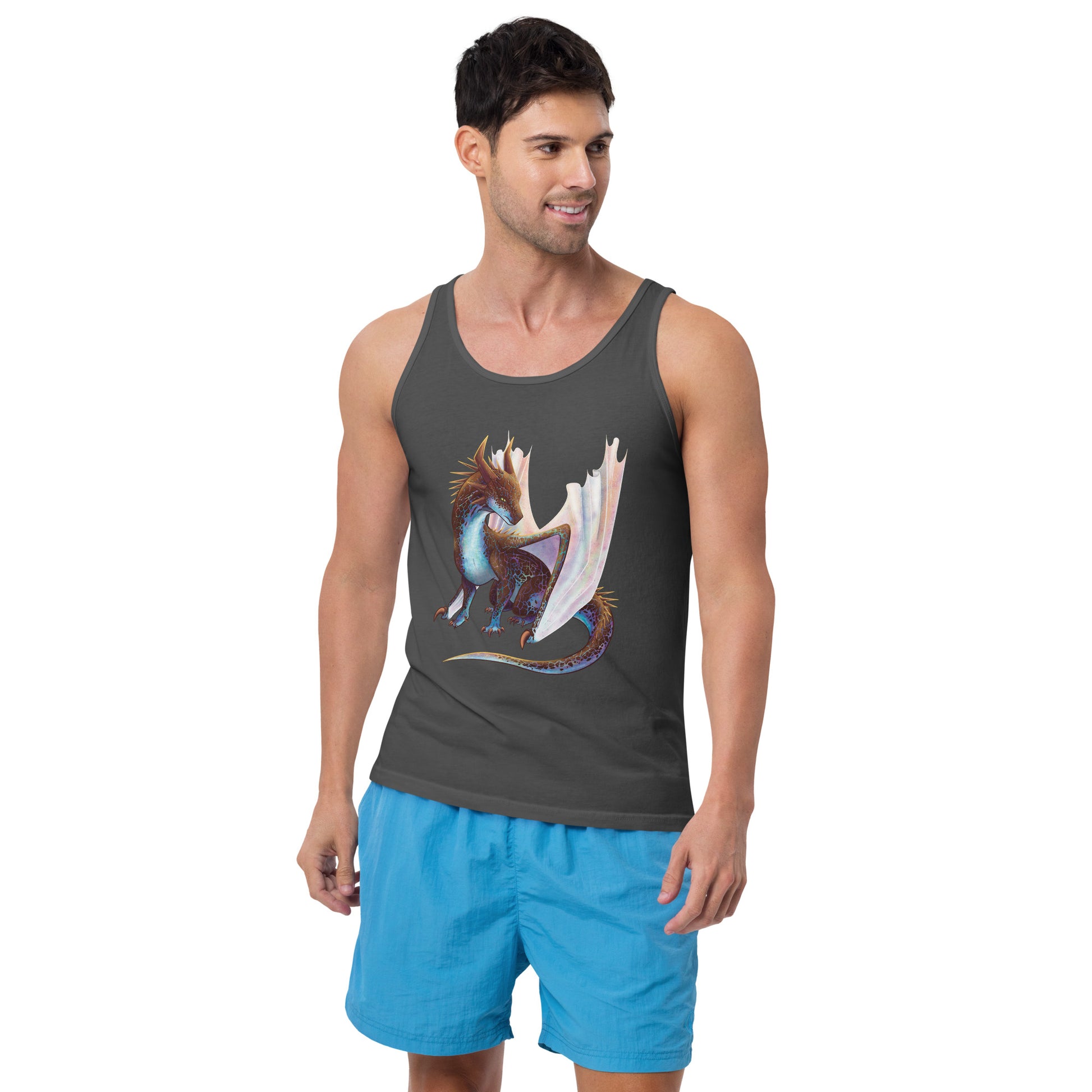 Unisex, dark grey in color, adult tank top featuring a sitting, side profile of a dragon that has the features of a boulder opal with hues of blue, green, purple, and pink on the underbelly and cracks of the rough, brown hue, rock scales. The wings are tucked back and are of an iridescent shimmery hue