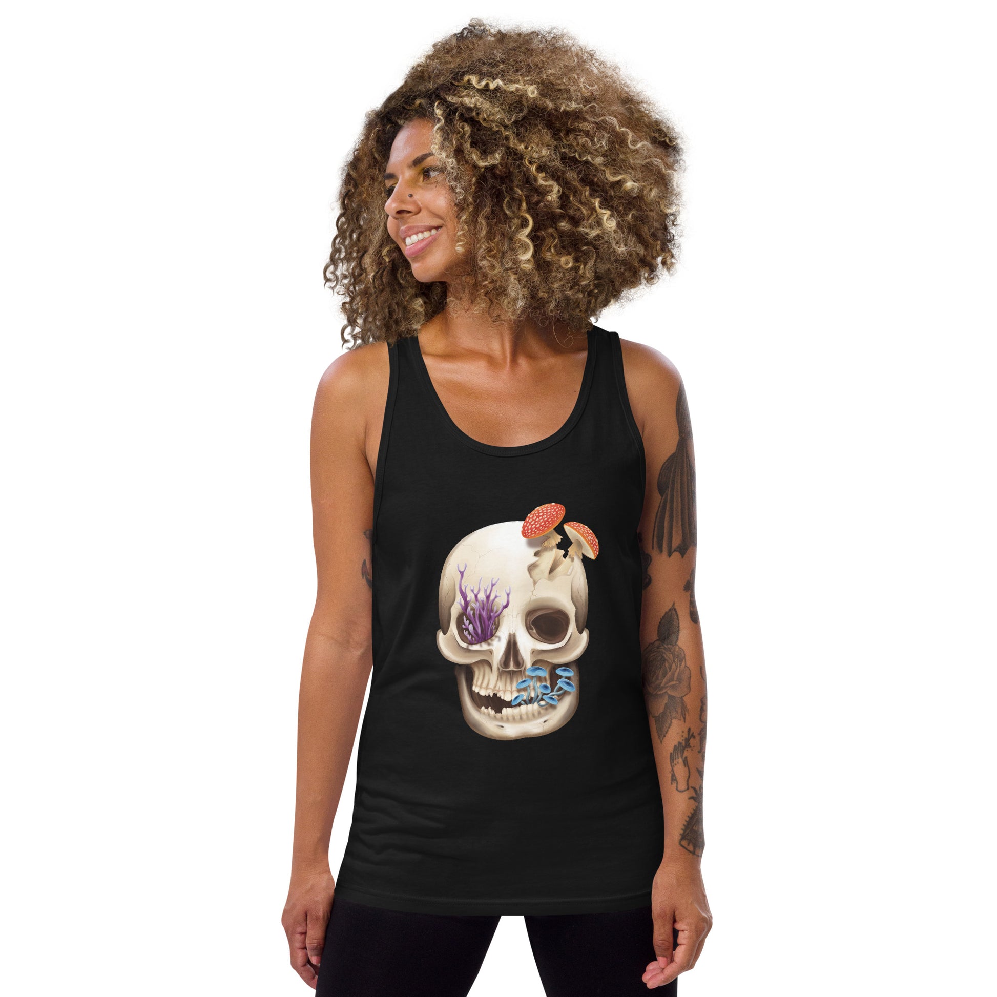 A black unisex tank top featuring a human skull with various kinds of fungi growing out of it