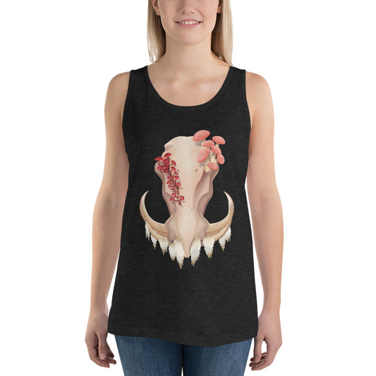 An adult wearing a charcoal black tri-blend colored, unisex tank top featuring a front facing warthog skull with 3 different kinds of fungi growing out of it