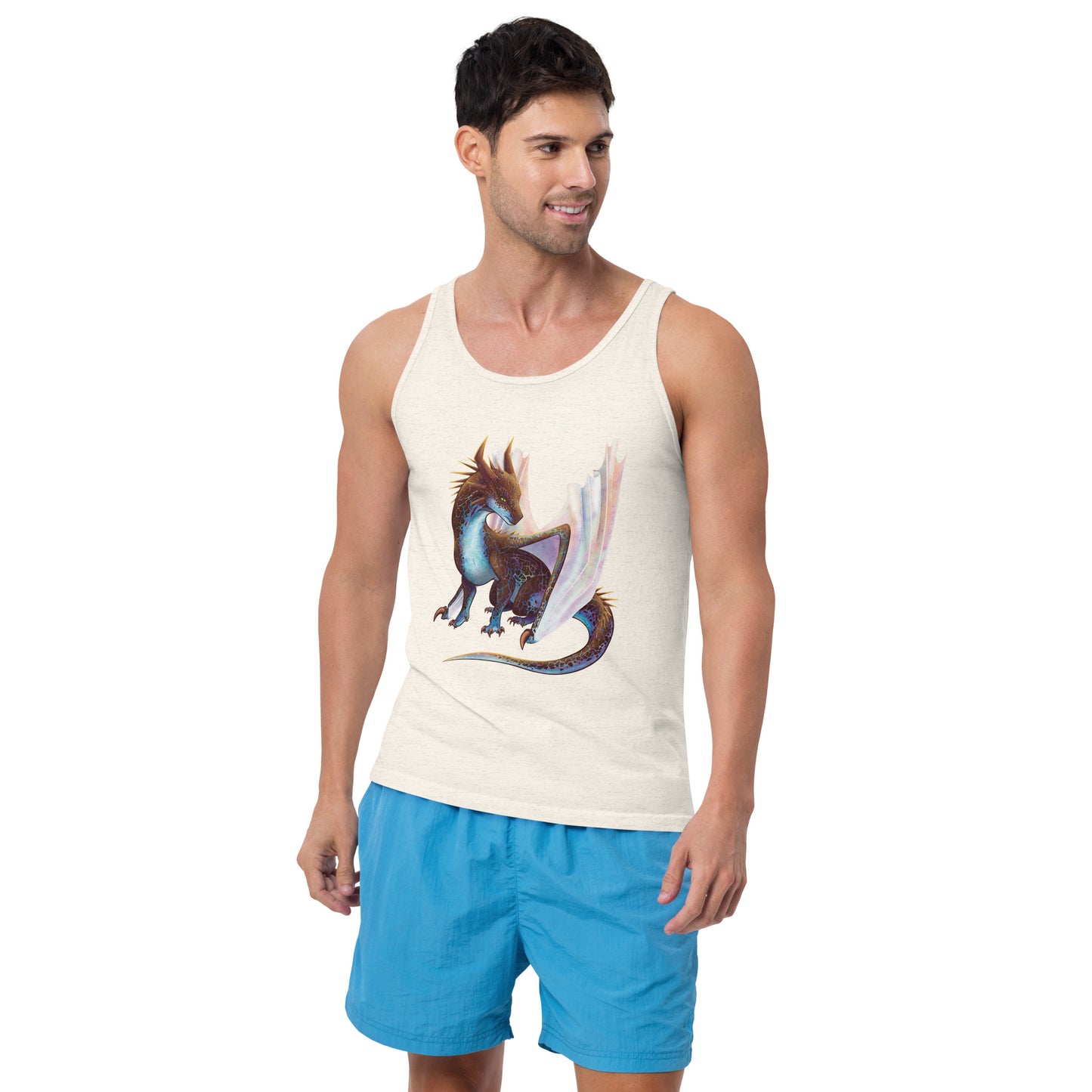 Unisex, oatmeal in color, adult tank top featuring a sitting, side profile of a dragon that has the features of a boulder opal with hues of blue, green, purple, and pink on the underbelly and cracks of the rough, brown hue, rock scales. The wings are tucked back and are of an iridescent shimmery hue