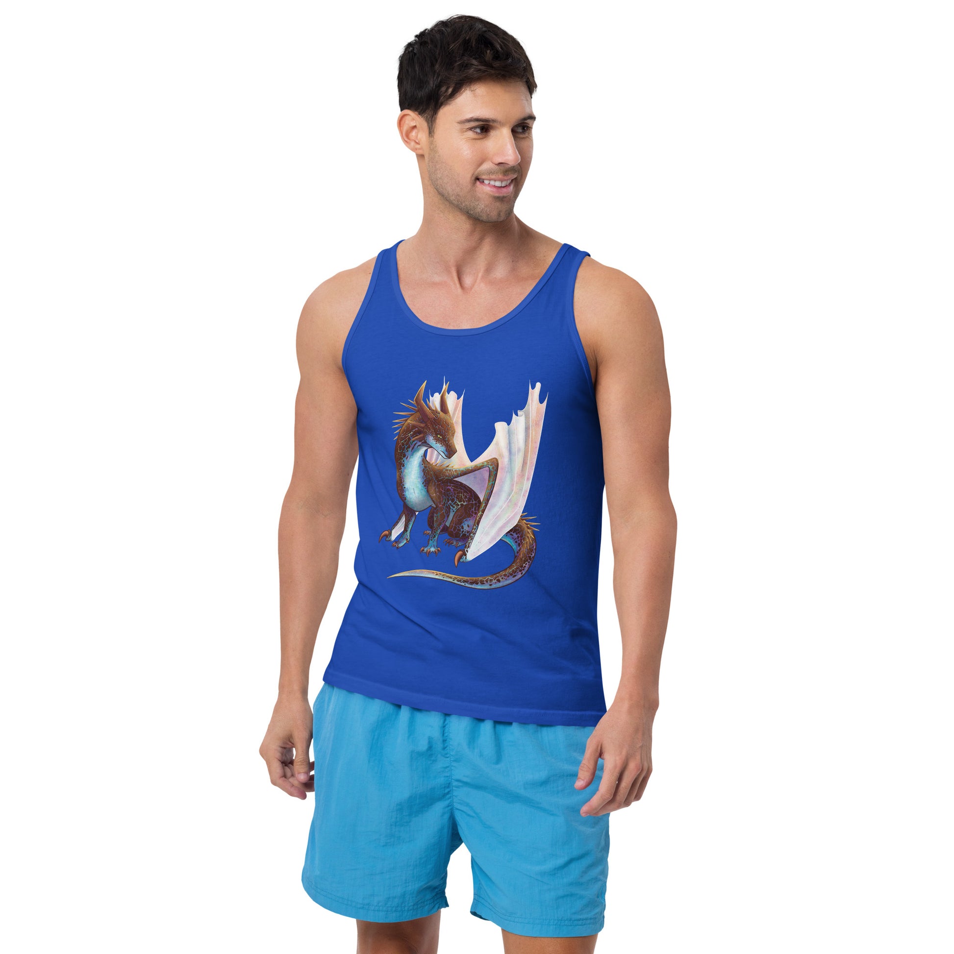 Unisex, royal blue in color, adult tank top featuring a sitting, side profile of a dragon that has the features of a boulder opal with hues of blue, green, purple, and pink on the underbelly and cracks of the rough, brown hue, rock scales. The wings are tucked back and are of an iridescent shimmery hue