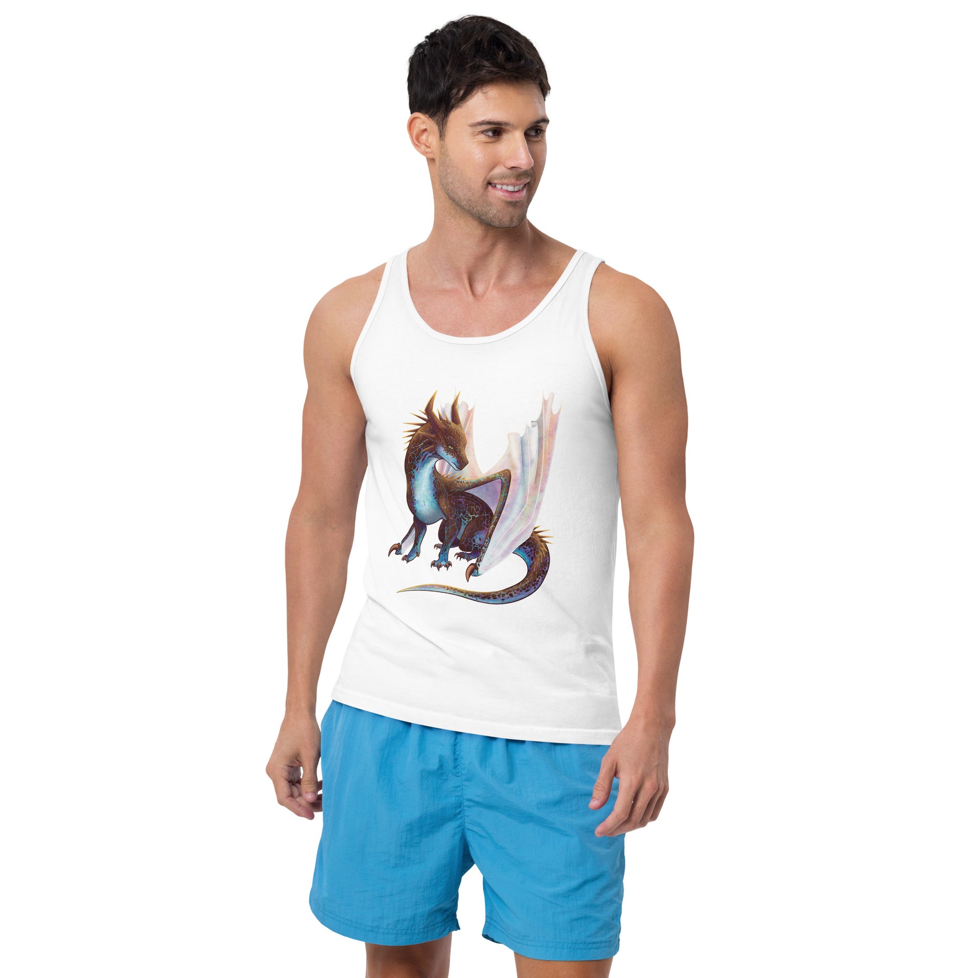 Unisex, white in color, adult tank top featuring a sitting, side profile of a dragon that has the features of a boulder opal with hues of blue, green, purple, and pink on the underbelly and cracks of the rough, brown hue, rock scales. The wings are tucked back and are of an iridescent shimmery hue