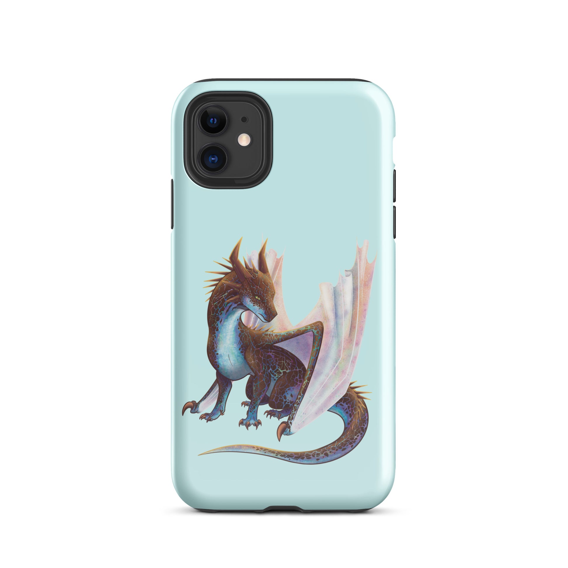 A mint in color tough phone case for an Apple iPhone 11, with a glossy finish featuring a sitting, side profile of a dragon that has the features of a boulder opal with hues of blue, green, purple, and pink on the underbelly and cracks of the rough, brown hue, rock scales. The wings are tucked back and are of an iridescent shimmery hue