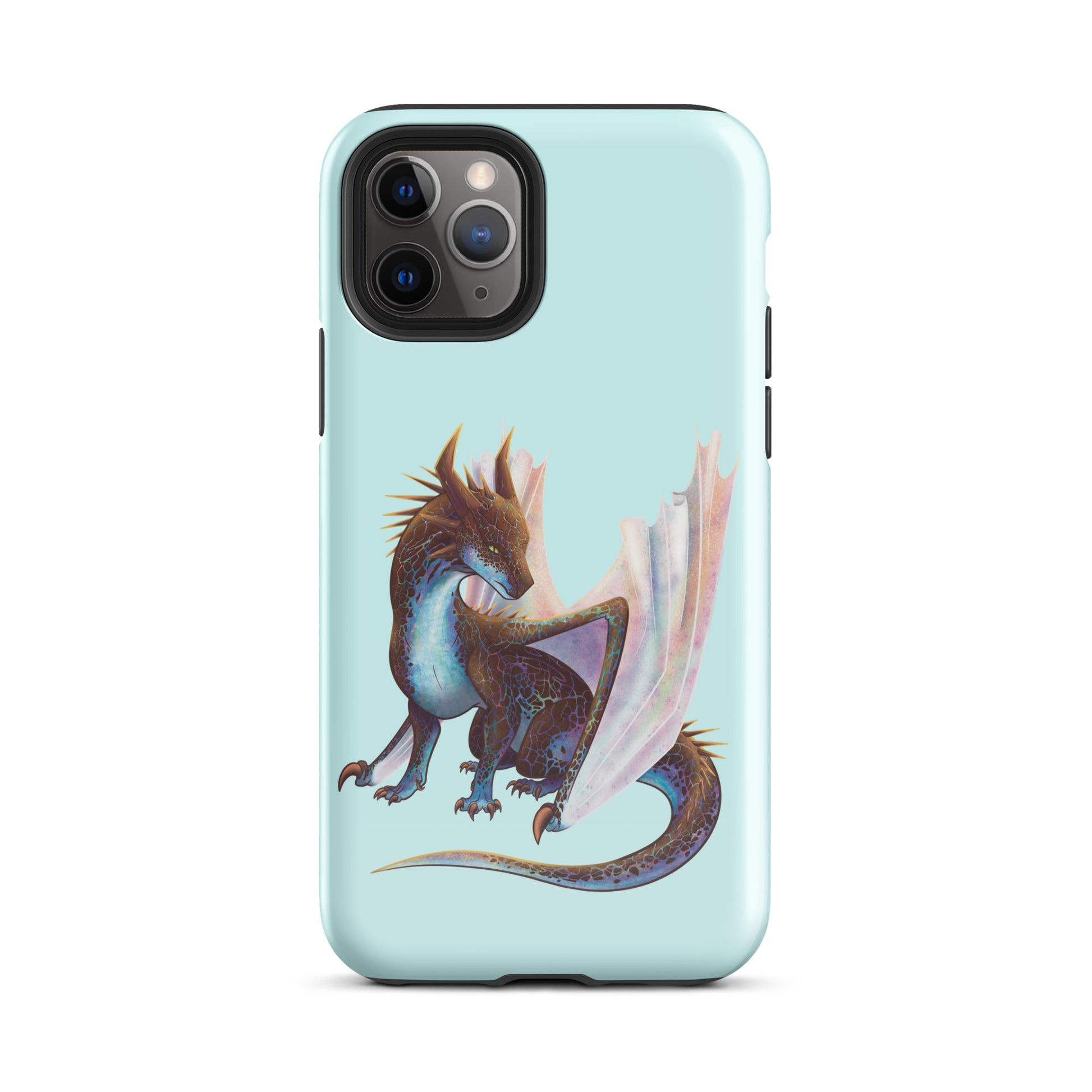 A mint in color tough phone case for an Apple iPhone 11 pro, with a glossy finish featuring a sitting, side profile of a dragon that has the features of a boulder opal with hues of blue, green, purple, and pink on the underbelly and cracks of the rough, brown hue, rock scales. The wings are tucked back and are of an iridescent shimmery hue