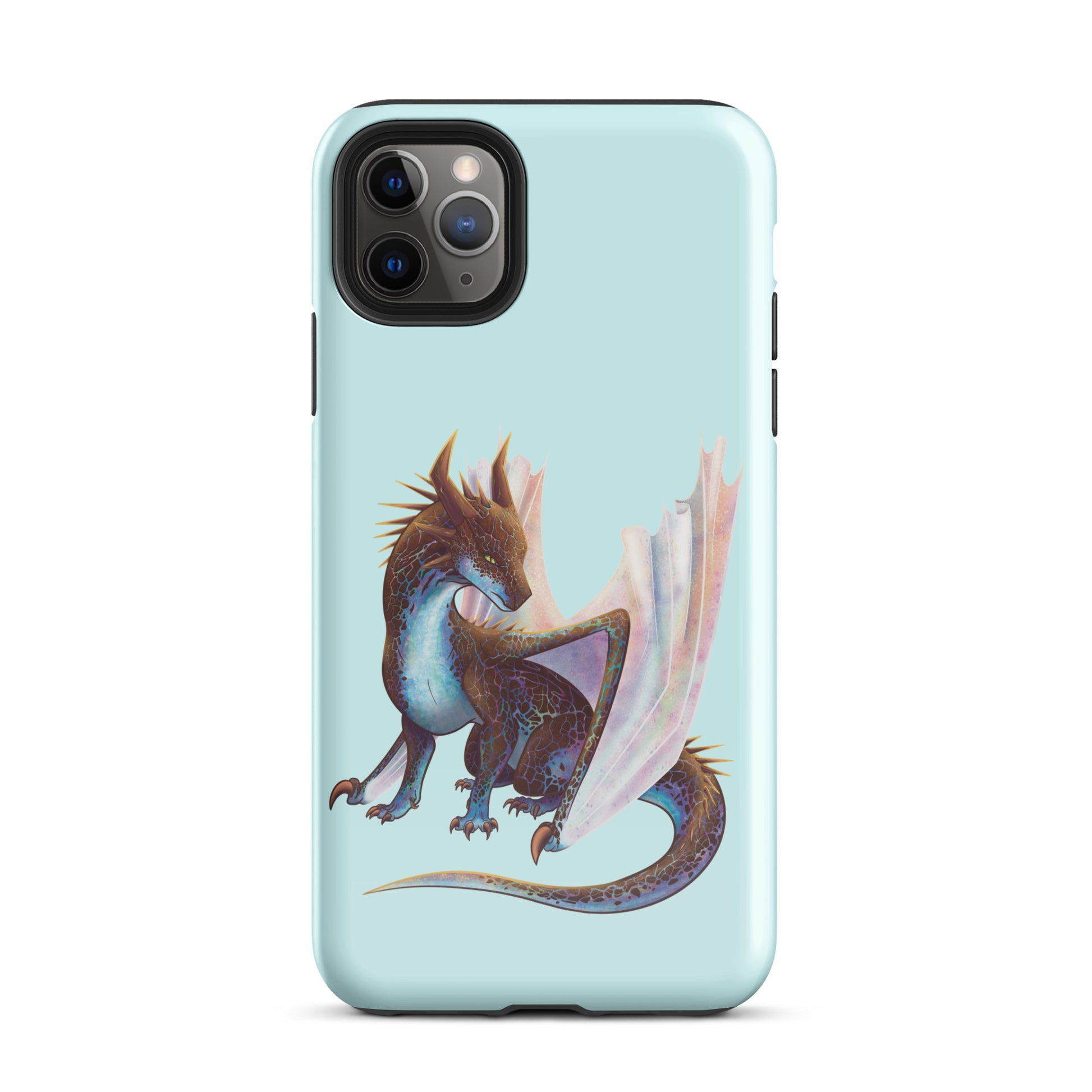 A mint in color tough phone case for an Apple iPhone 11 pro max, with a glossy finish featuring a sitting, side profile of a dragon that has the features of a boulder opal with hues of blue, green, purple, and pink on the underbelly and cracks of the rough, brown hue, rock scales. The wings are tucked back and are of an iridescent shimmery hue