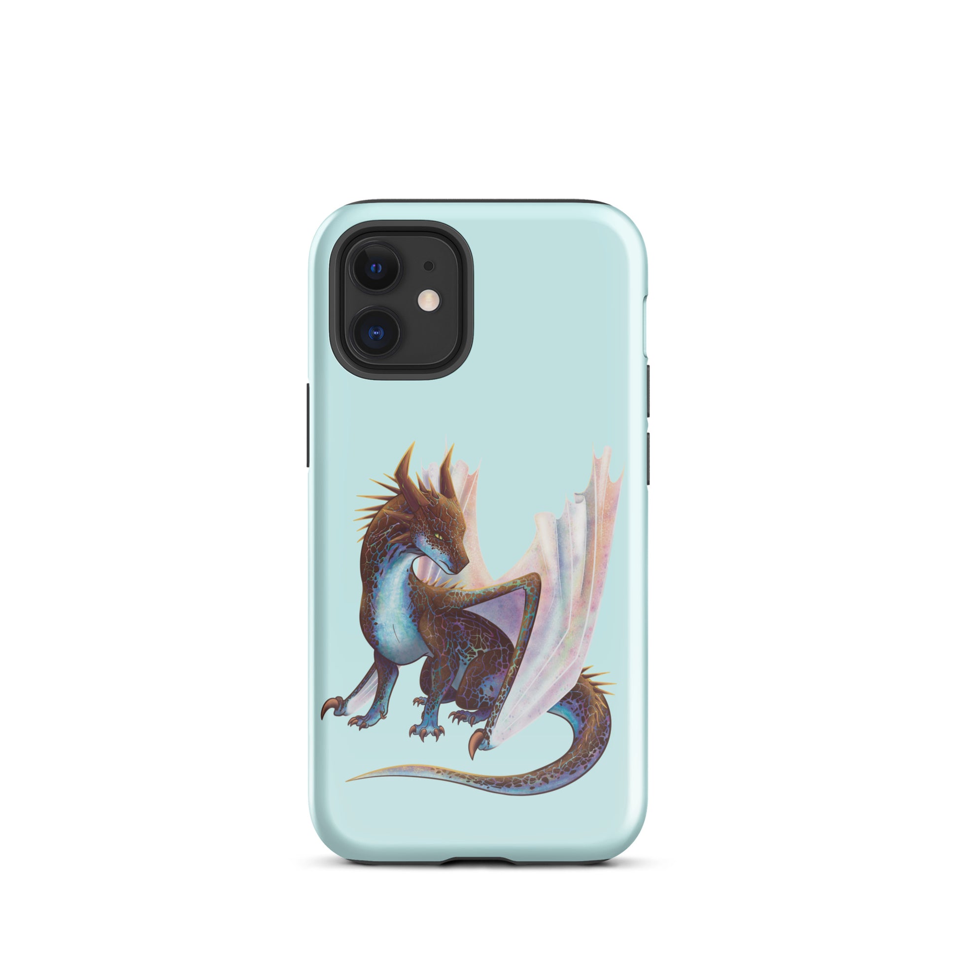 A mint in color tough phone case for an Apple iPhone 12 mini, with a glossy finish featuring a sitting, side profile of a dragon that has the features of a boulder opal with hues of blue, green, purple, and pink on the underbelly and cracks of the rough, brown hue, rock scales. The wings are tucked back and are of an iridescent shimmery hue