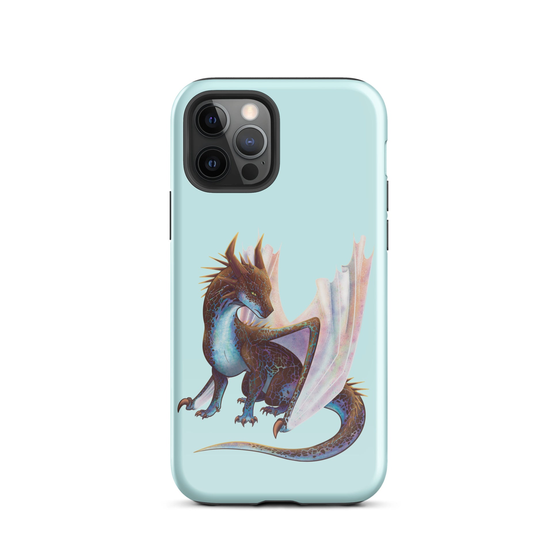 A mint in color tough phone case for an Apple iPhone 12 pro, with a glossy finish featuring a sitting, side profile of a dragon that has the features of a boulder opal with hues of blue, green, purple, and pink on the underbelly and cracks of the rough, brown hue, rock scales. The wings are tucked back and are of an iridescent shimmery hue