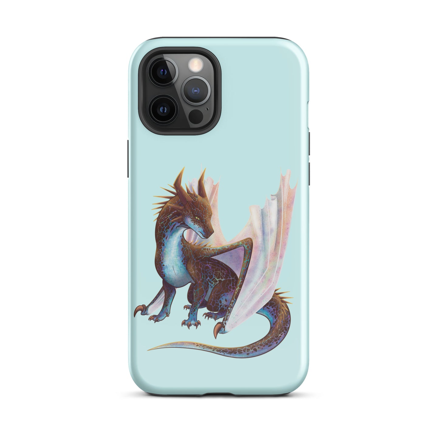 A mint in color tough phone case for an Apple iPhone 12 pro max, with a glossy finish featuring a sitting, side profile of a dragon that has the features of a boulder opal with hues of blue, green, purple, and pink on the underbelly and cracks of the rough, brown hue, rock scales. The wings are tucked back and are of an iridescent shimmery hue