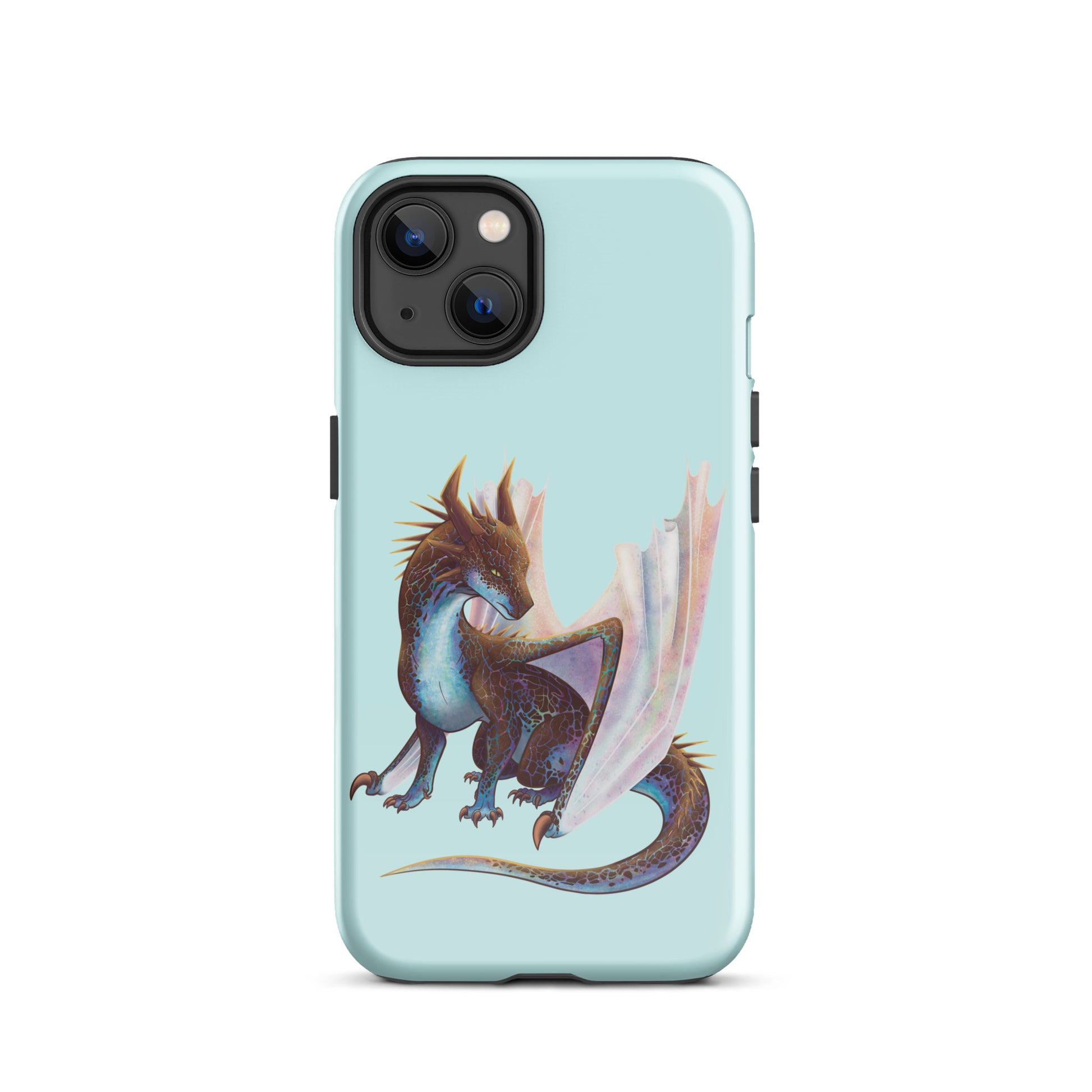 A mint in color tough phone case for an Apple iPhone 13, with a glossy finish featuring a sitting, side profile of a dragon that has the features of a boulder opal with hues of blue, green, purple, and pink on the underbelly and cracks of the rough, brown hue, rock scales. The wings are tucked back and are of an iridescent shimmery hue