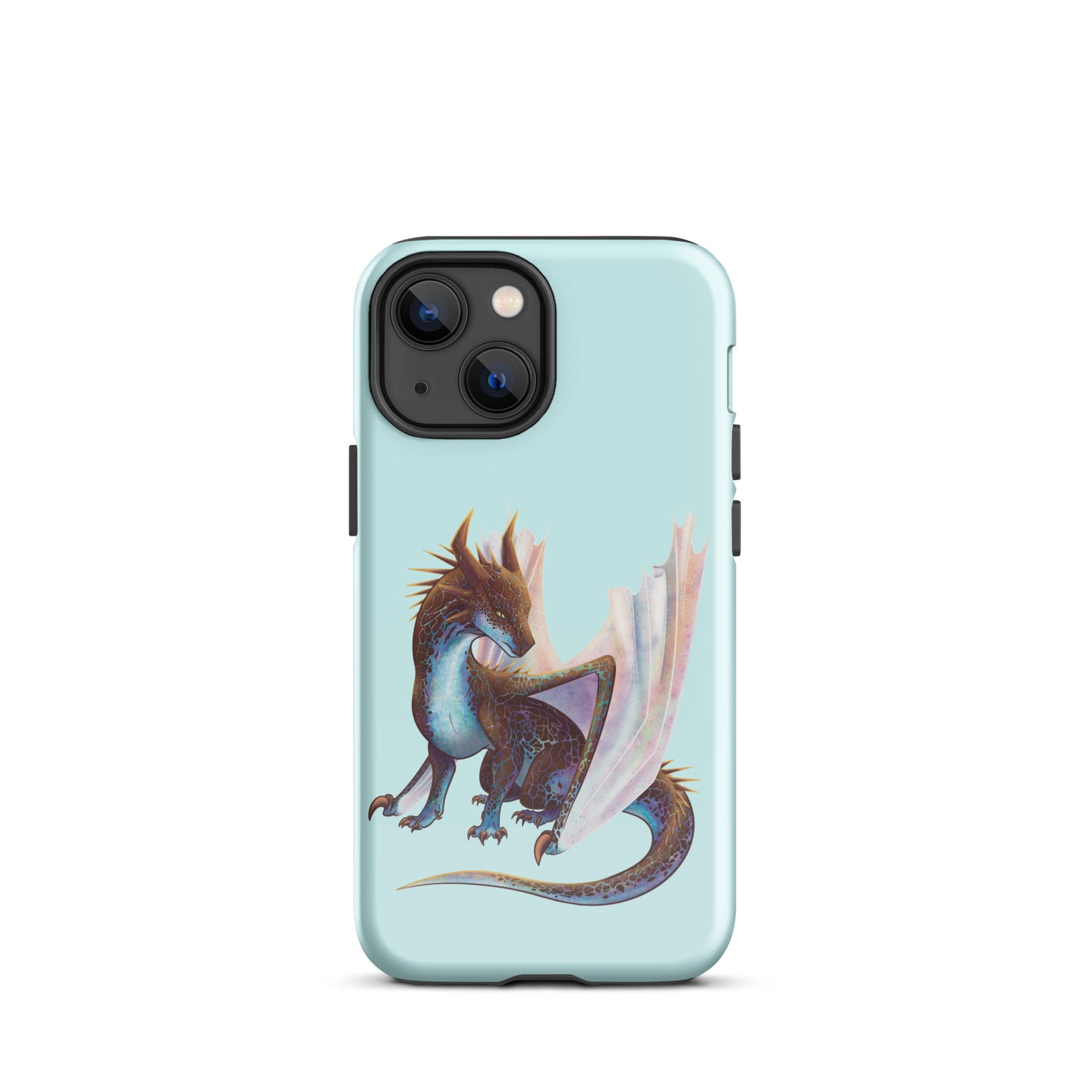 A mint in color tough phone case for an Apple iPhone 13 mini, with a glossy finish featuring a sitting, side profile of a dragon that has the features of a boulder opal with hues of blue, green, purple, and pink on the underbelly and cracks of the rough, brown hue, rock scales. The wings are tucked back and are of an iridescent shimmery hue