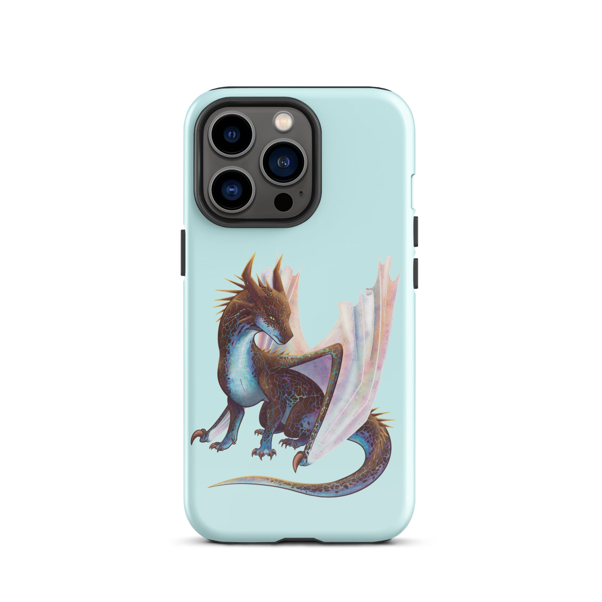 A mint in color tough phone case for an Apple iPhone 13 pro, with a glossy finish featuring a sitting, side profile of a dragon that has the features of a boulder opal with hues of blue, green, purple, and pink on the underbelly and cracks of the rough, brown hue, rock scales. The wings are tucked back and are of an iridescent shimmery hue